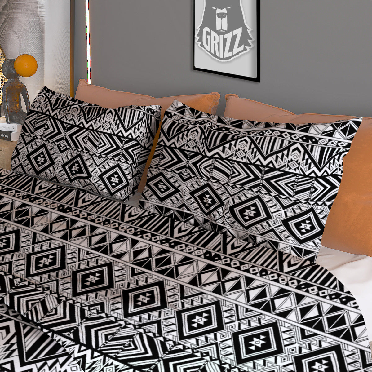 Aztec Ethnic White And Black Print Duvet Cover Bedding Set