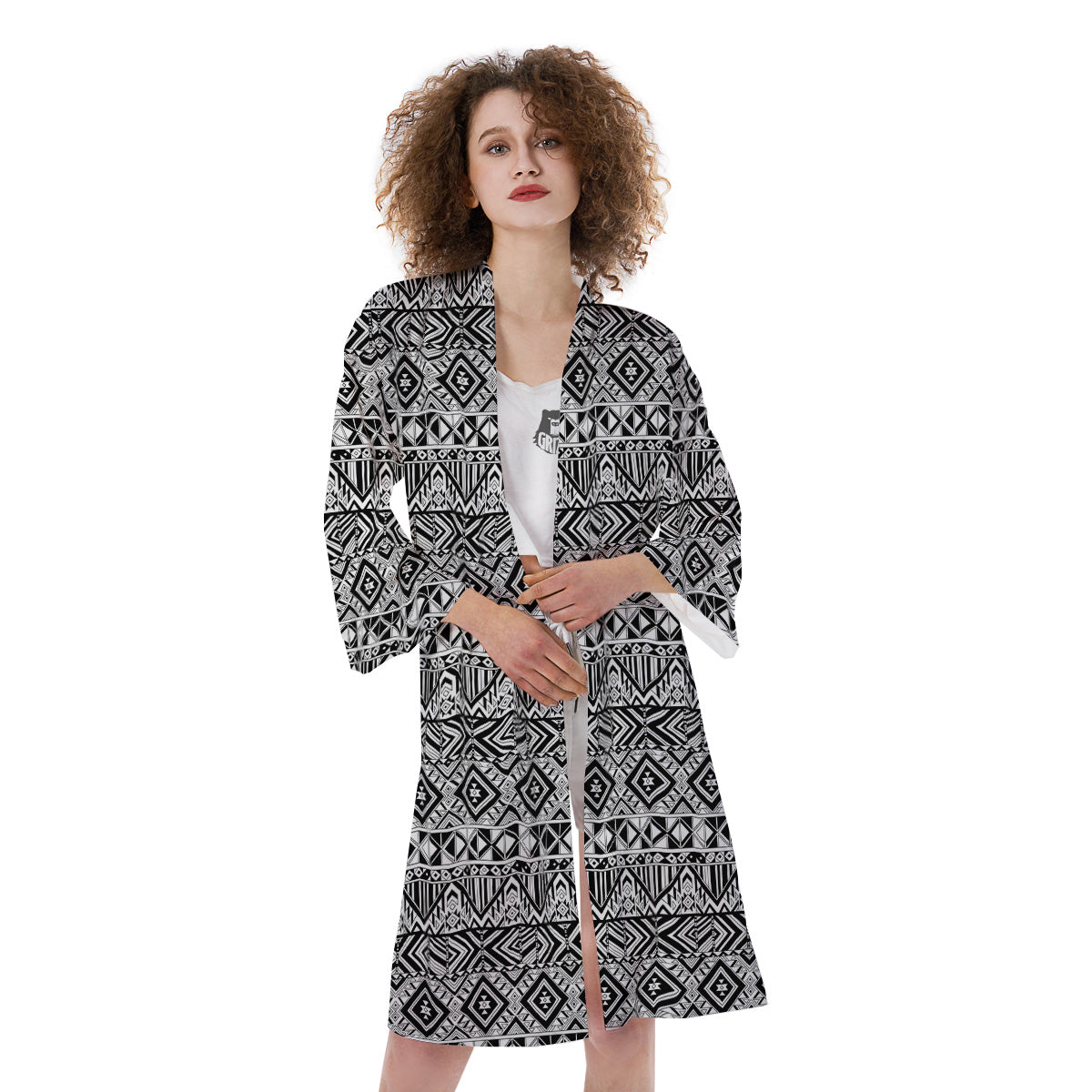 Aztec Ethnic White And Black Print Kimono-grizzshop