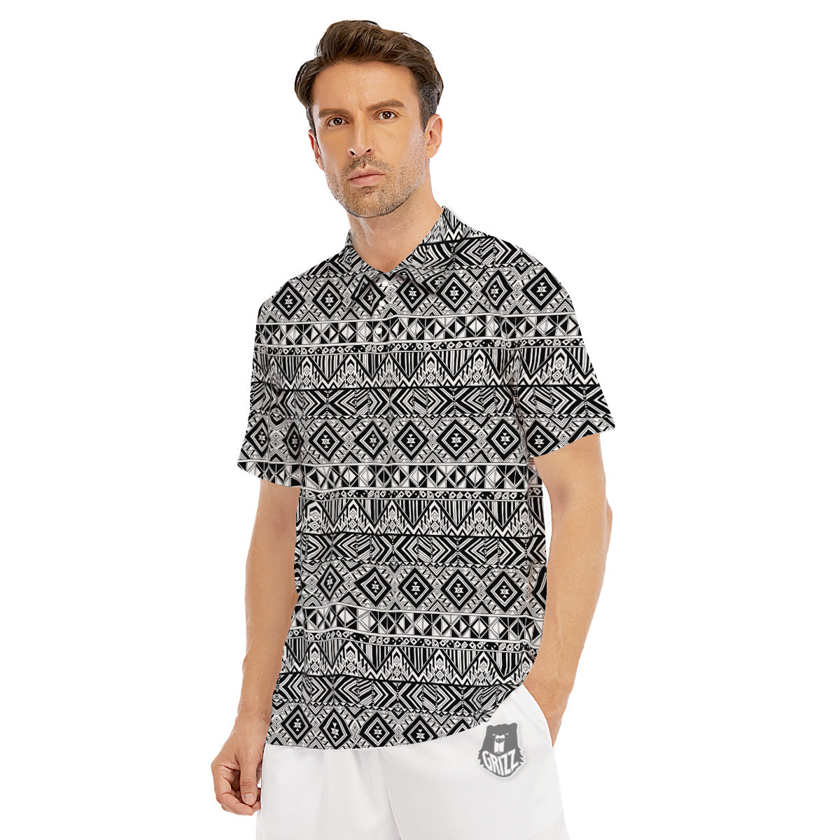 Aztec Ethnic White And Black Print Men's Golf Shirts-grizzshop