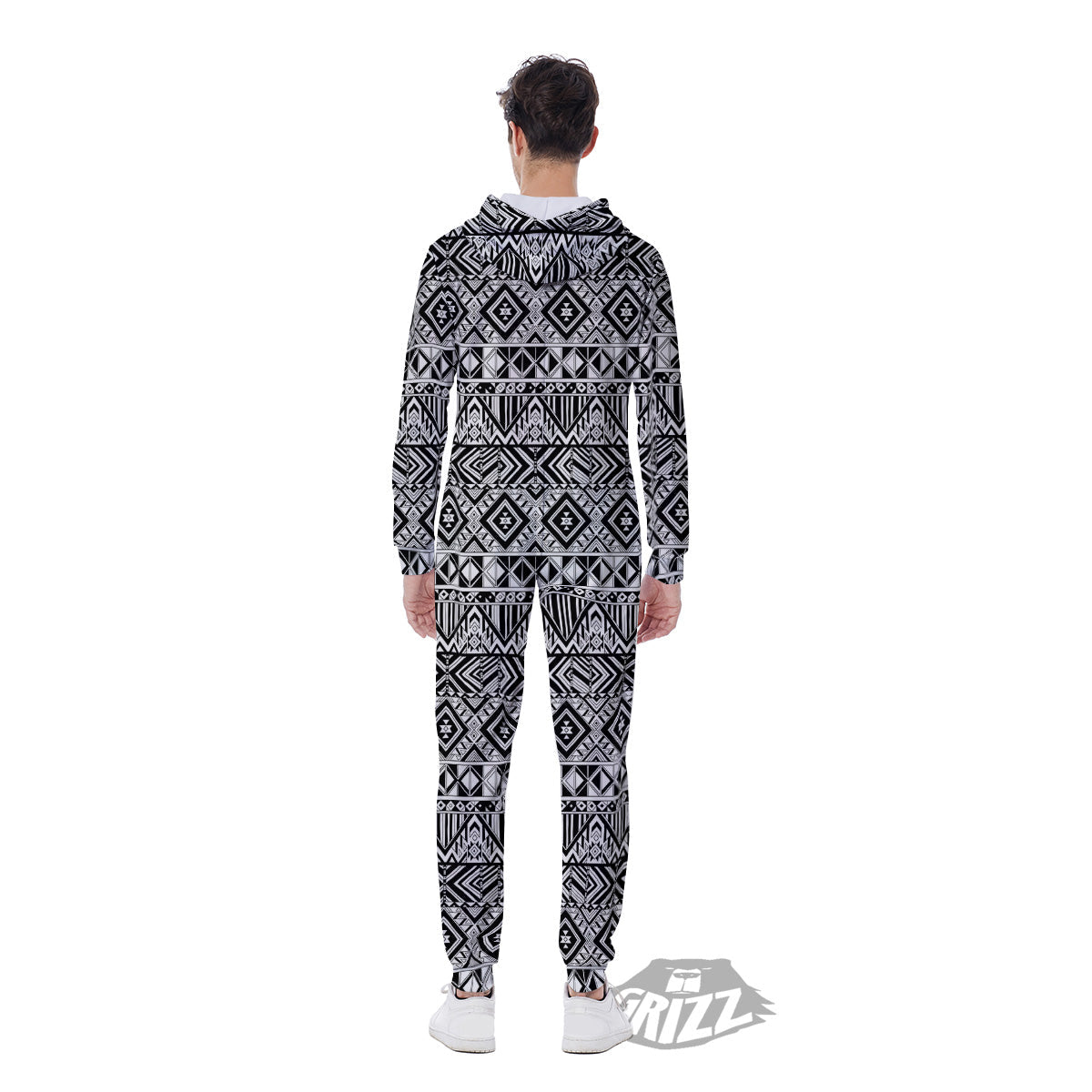 Aztec Ethnic White And Black Print Men's Jumpsuit-grizzshop
