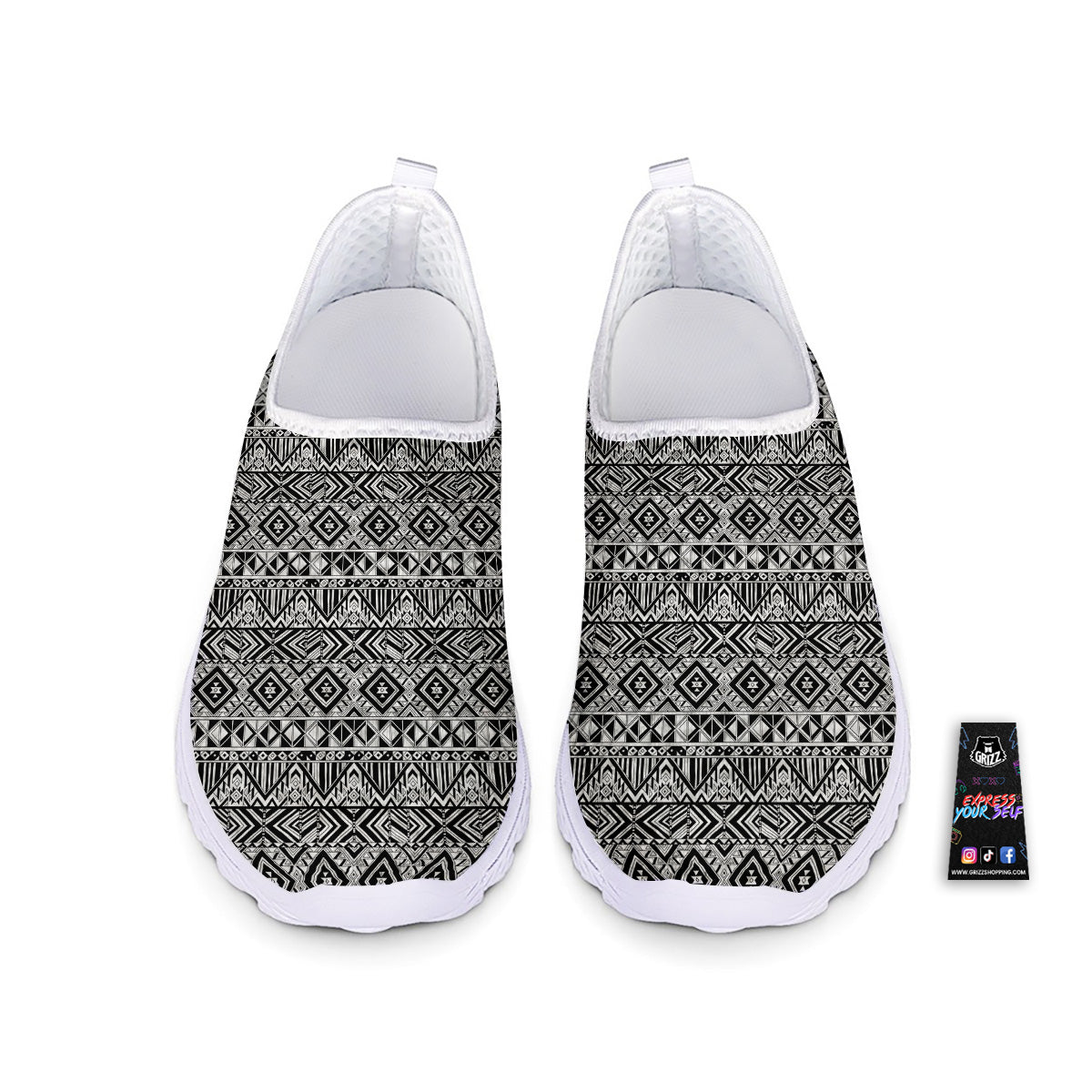 Aztec Ethnic White And Black Print Nurse Shoes-grizzshop