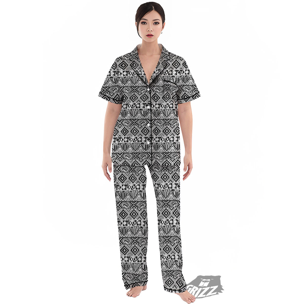 Aztec Ethnic White And Black Print Women's Pajamas Set-grizzshop