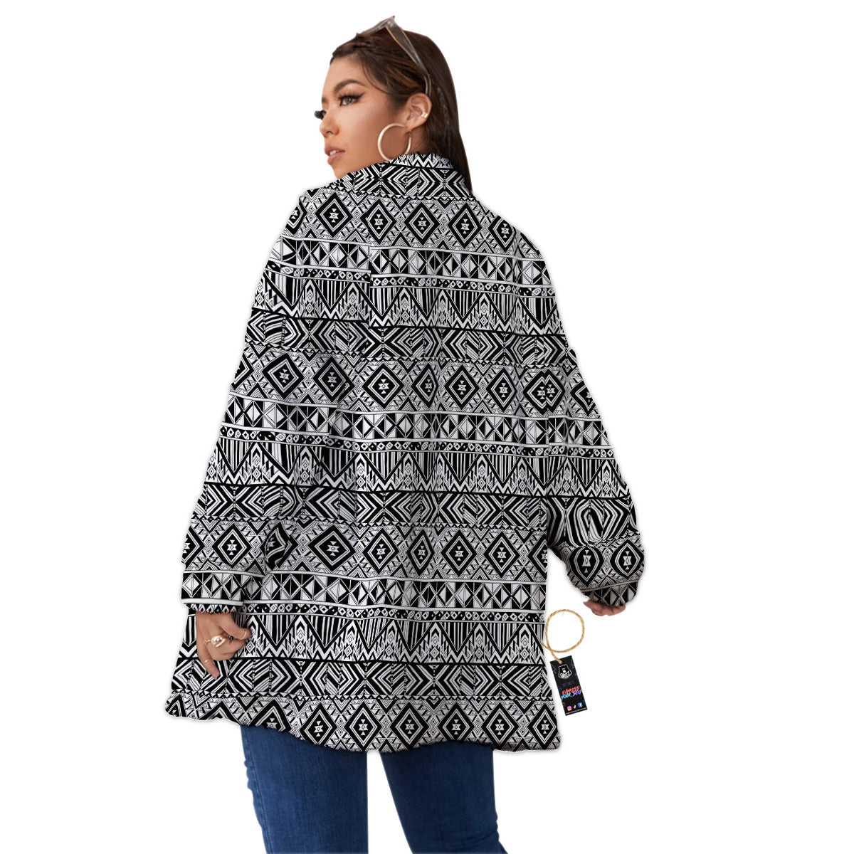 Aztec Ethnic White And Black Print Women's Sherpa Jacket-grizzshop