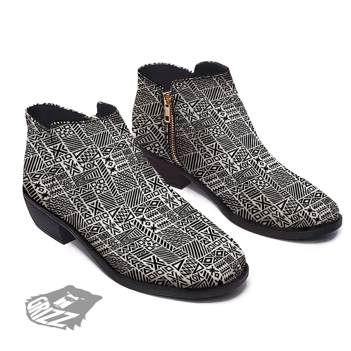 Aztec Geometric White And Black Print Ankle Boots-grizzshop