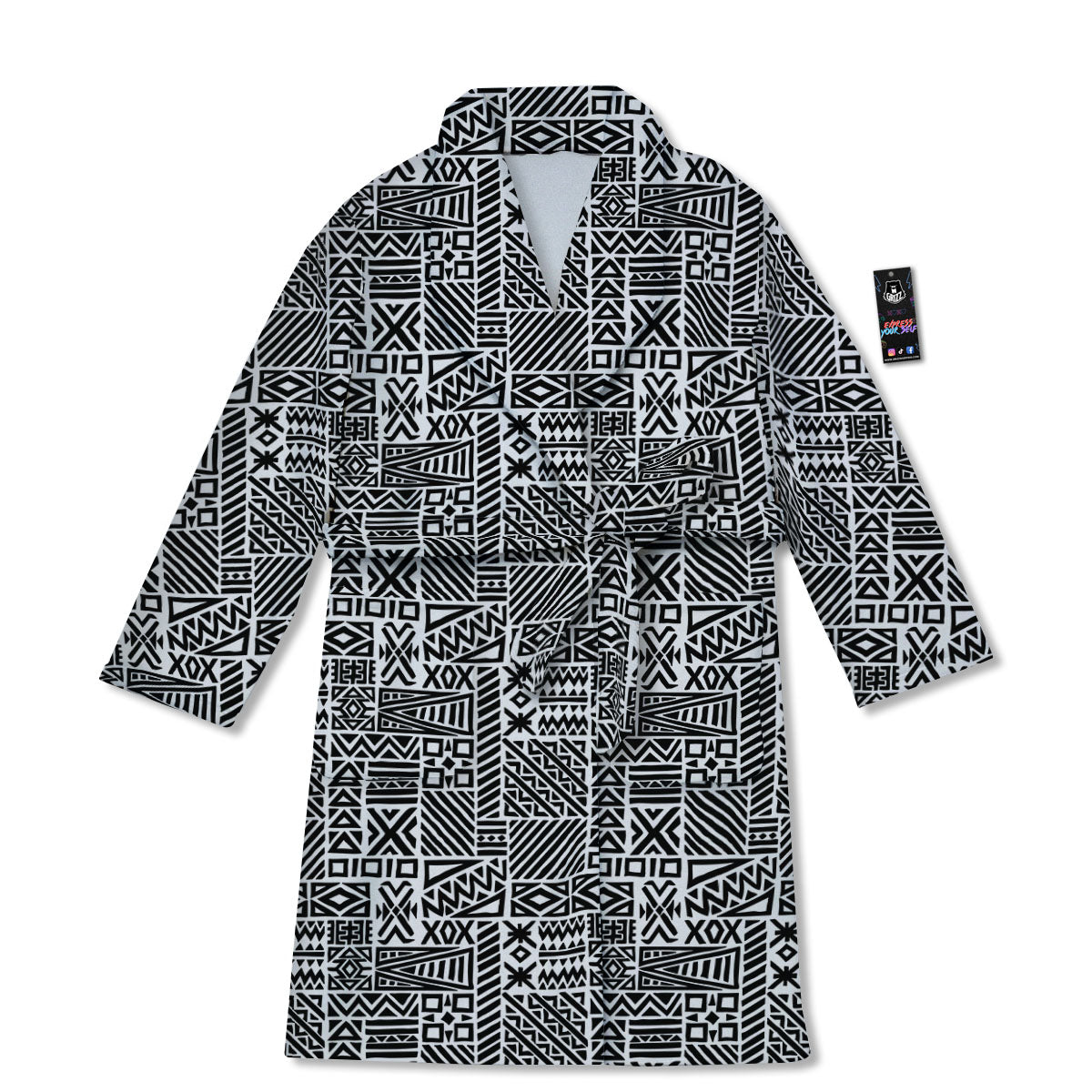 Aztec Geometric White And Black Print Bathrobe-grizzshop