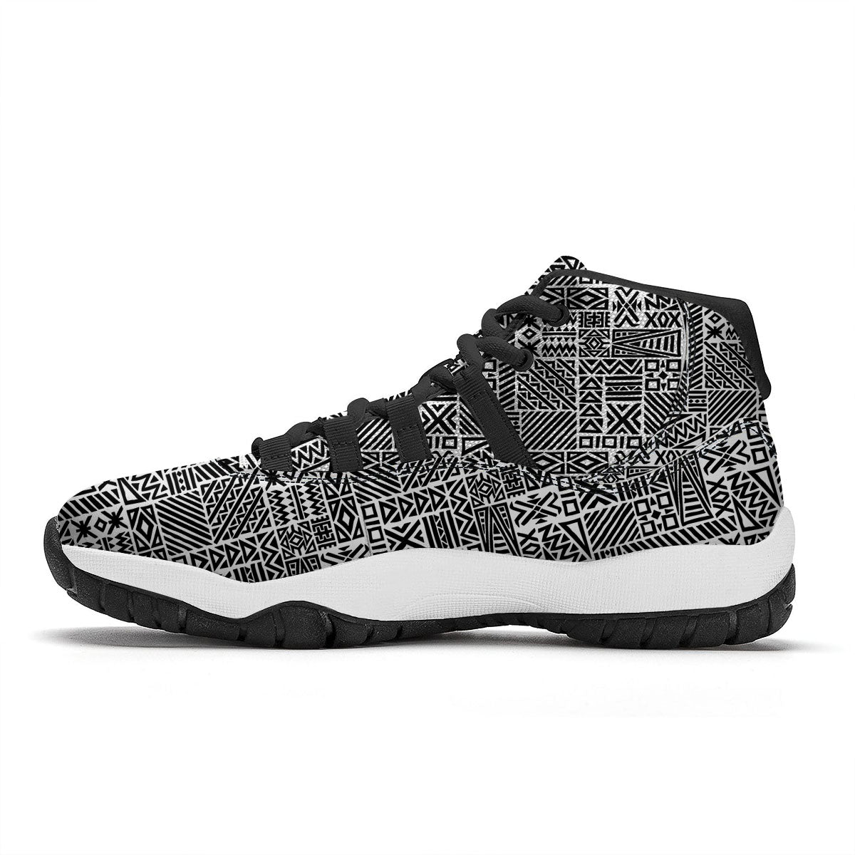 Aztec Geometric White And Black Print Black Bball Shoes-grizzshop
