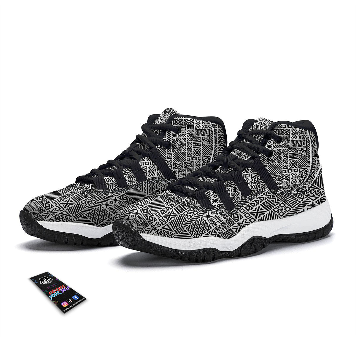 Aztec Geometric White And Black Print Black Bball Shoes-grizzshop