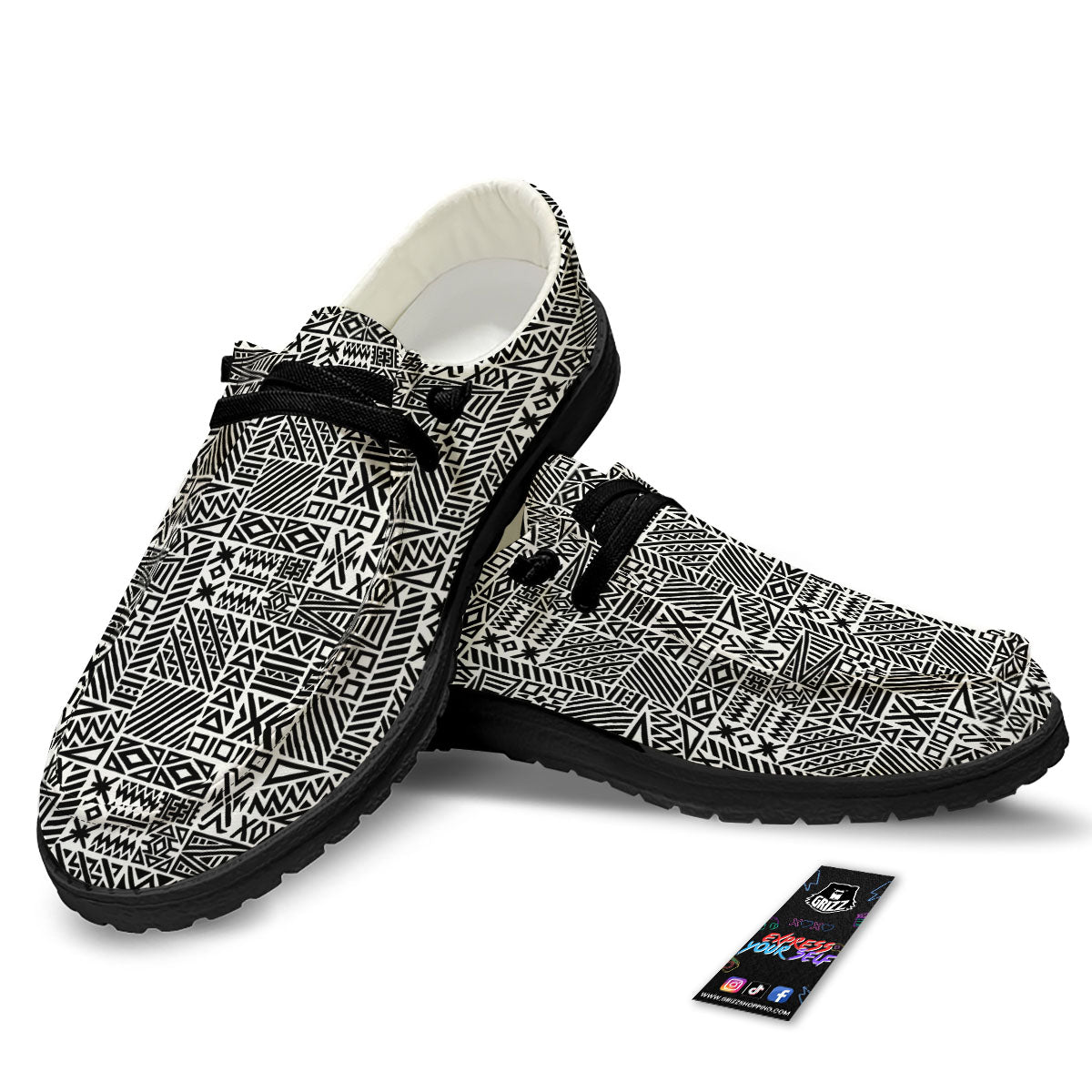 Aztec Geometric White And Black Print Black Loafers-grizzshop