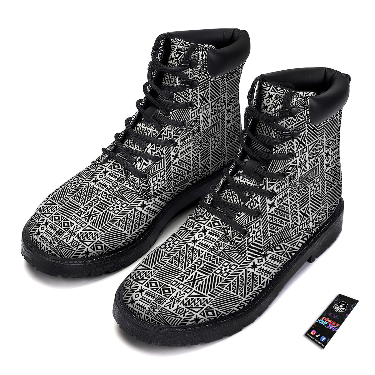 Aztec Geometric White And Black Print Boots-grizzshop