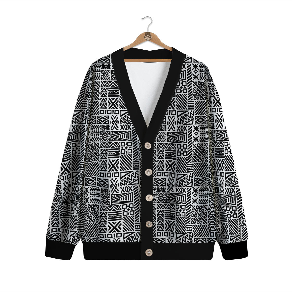Aztec Geometric White And Black Print Cardigan-grizzshop