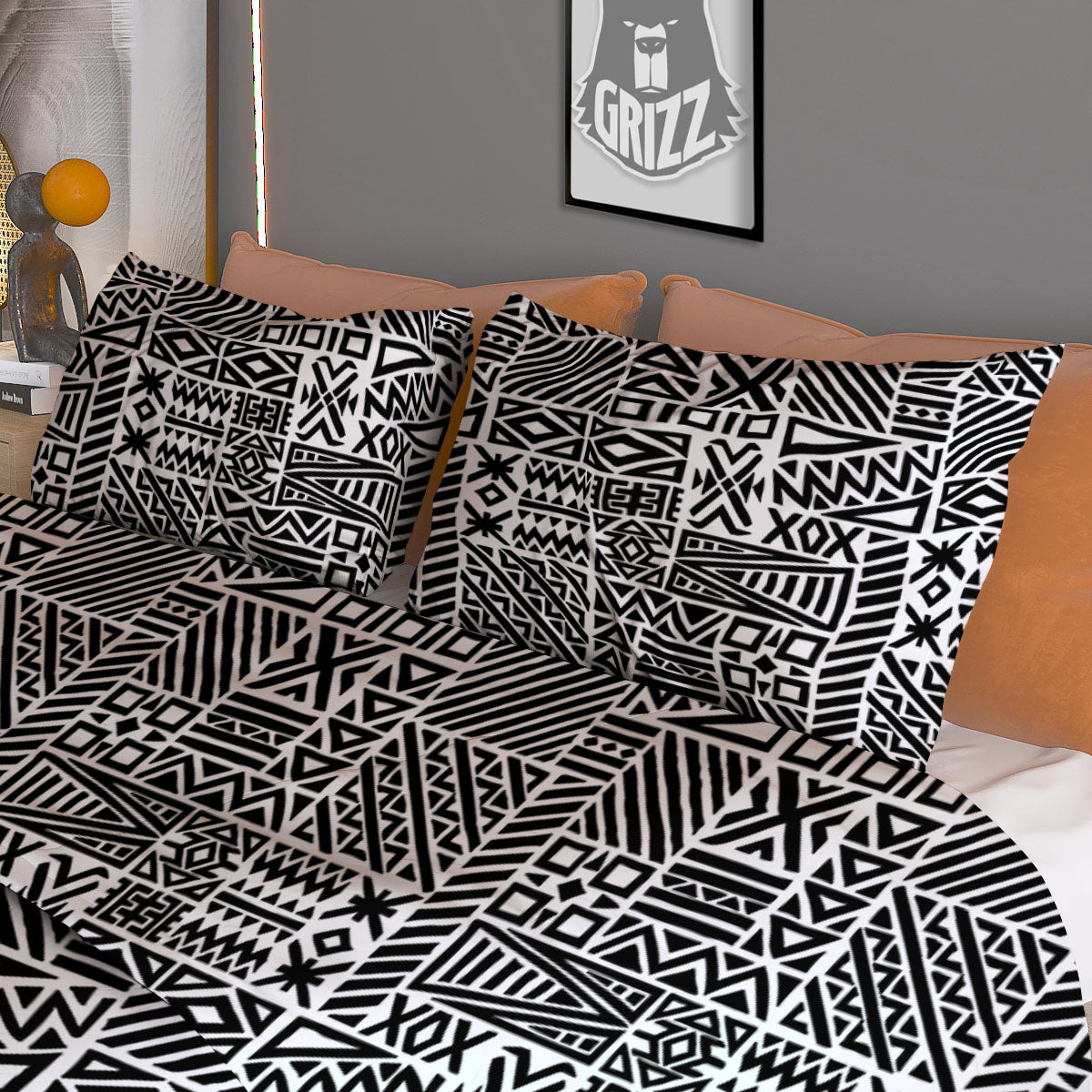Aztec Geometric White And Black Print Duvet Cover Bedding Set