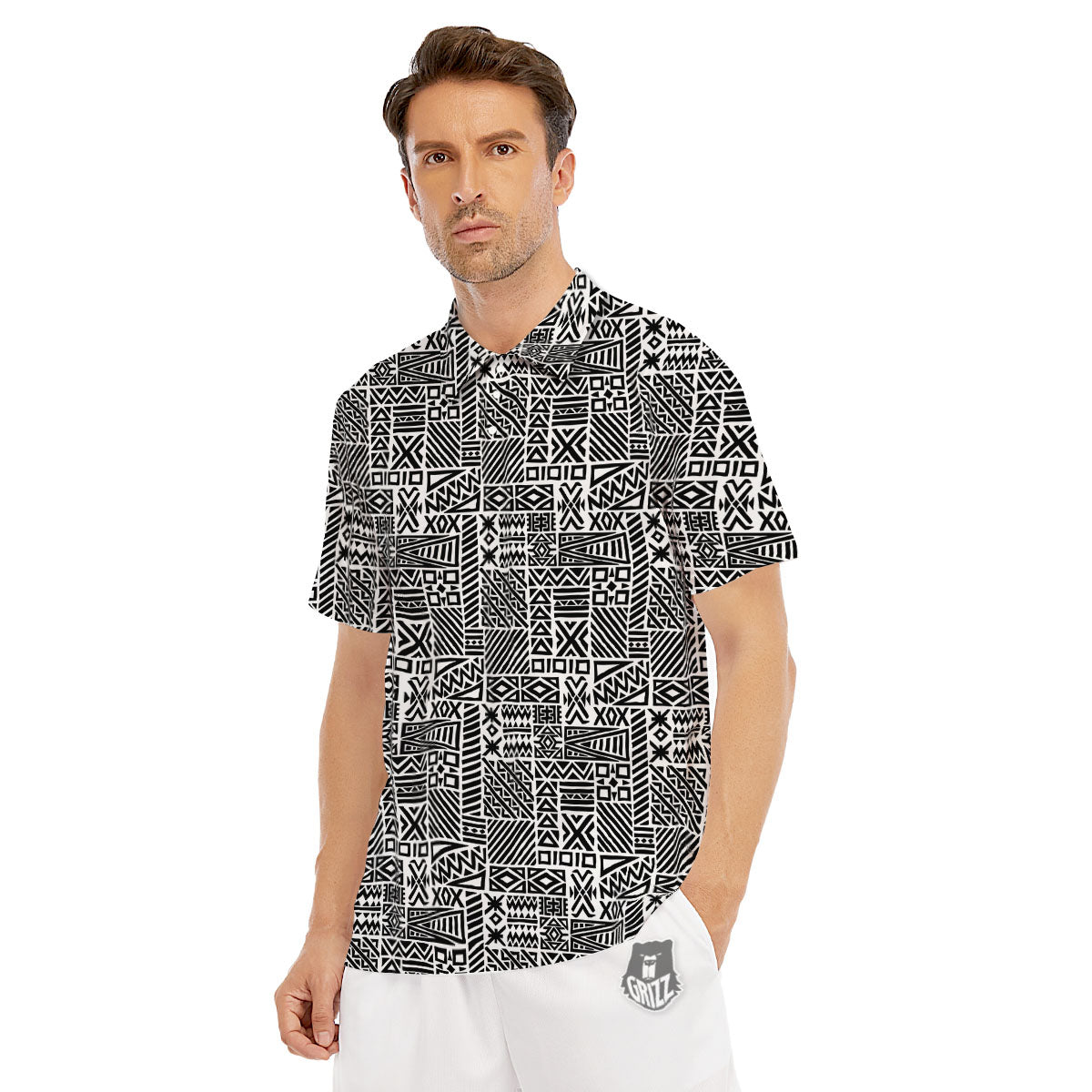 Aztec Geometric White And Black Print Men's Golf Shirts-grizzshop