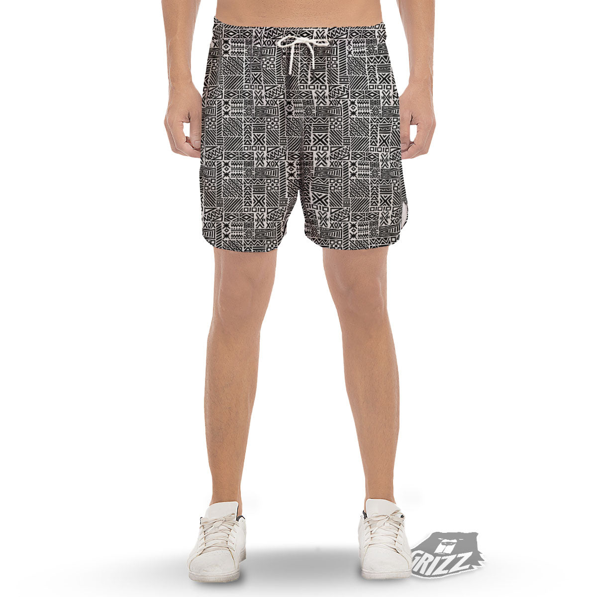 Aztec Geometric White And Black Print Men's Gym Shorts-grizzshop
