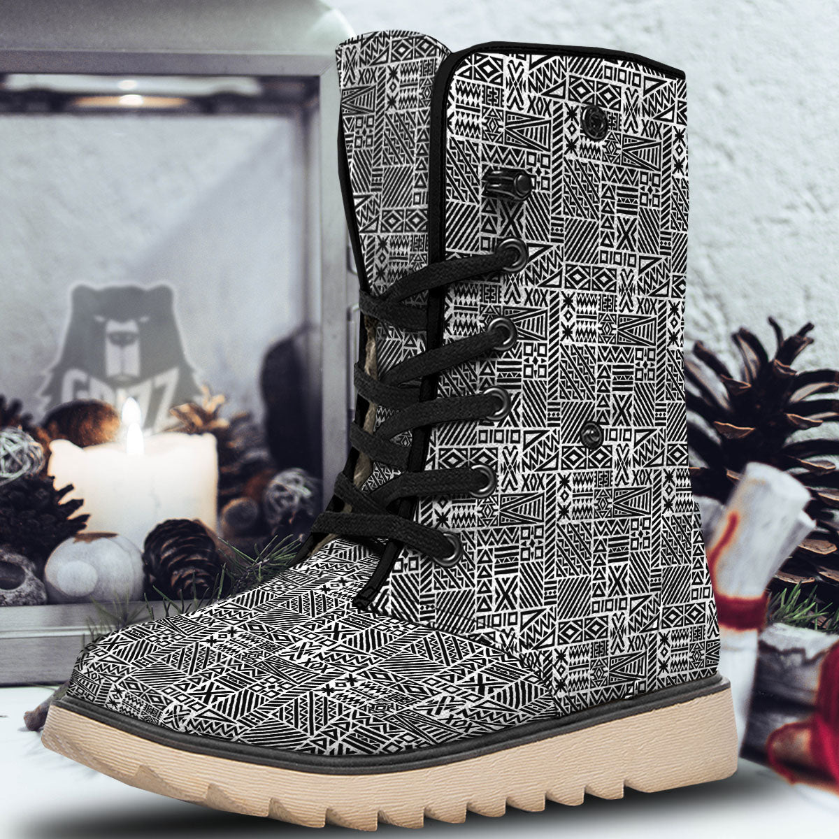 Aztec Geometric White And Black Print Snow Boots-grizzshop