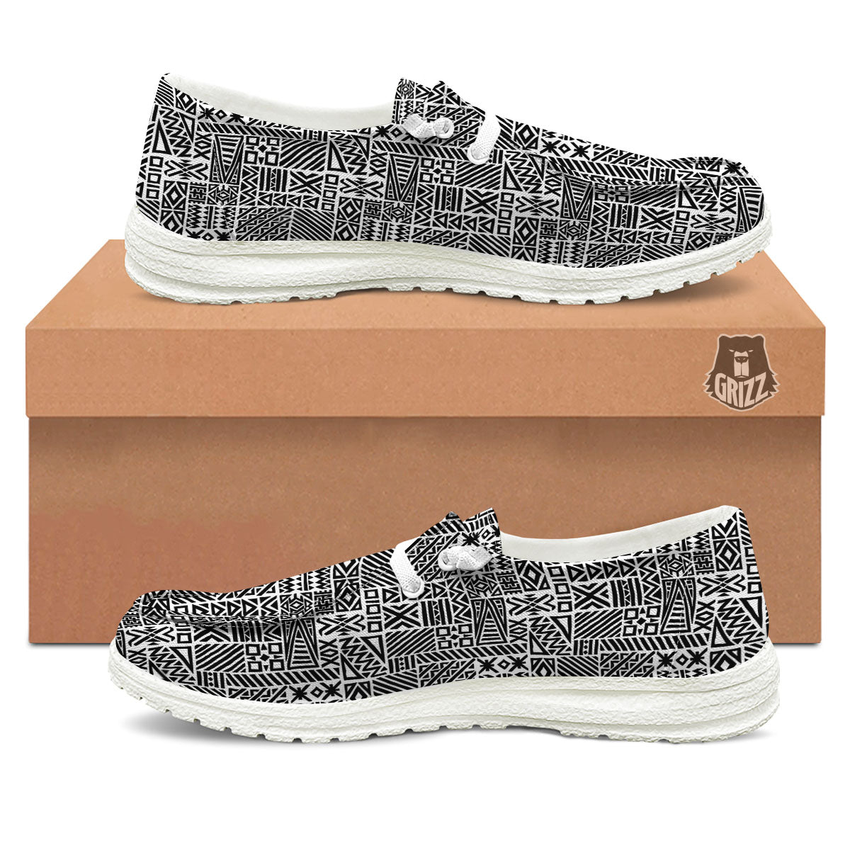 Aztec Geometric White And Black Print White Loafers-grizzshop