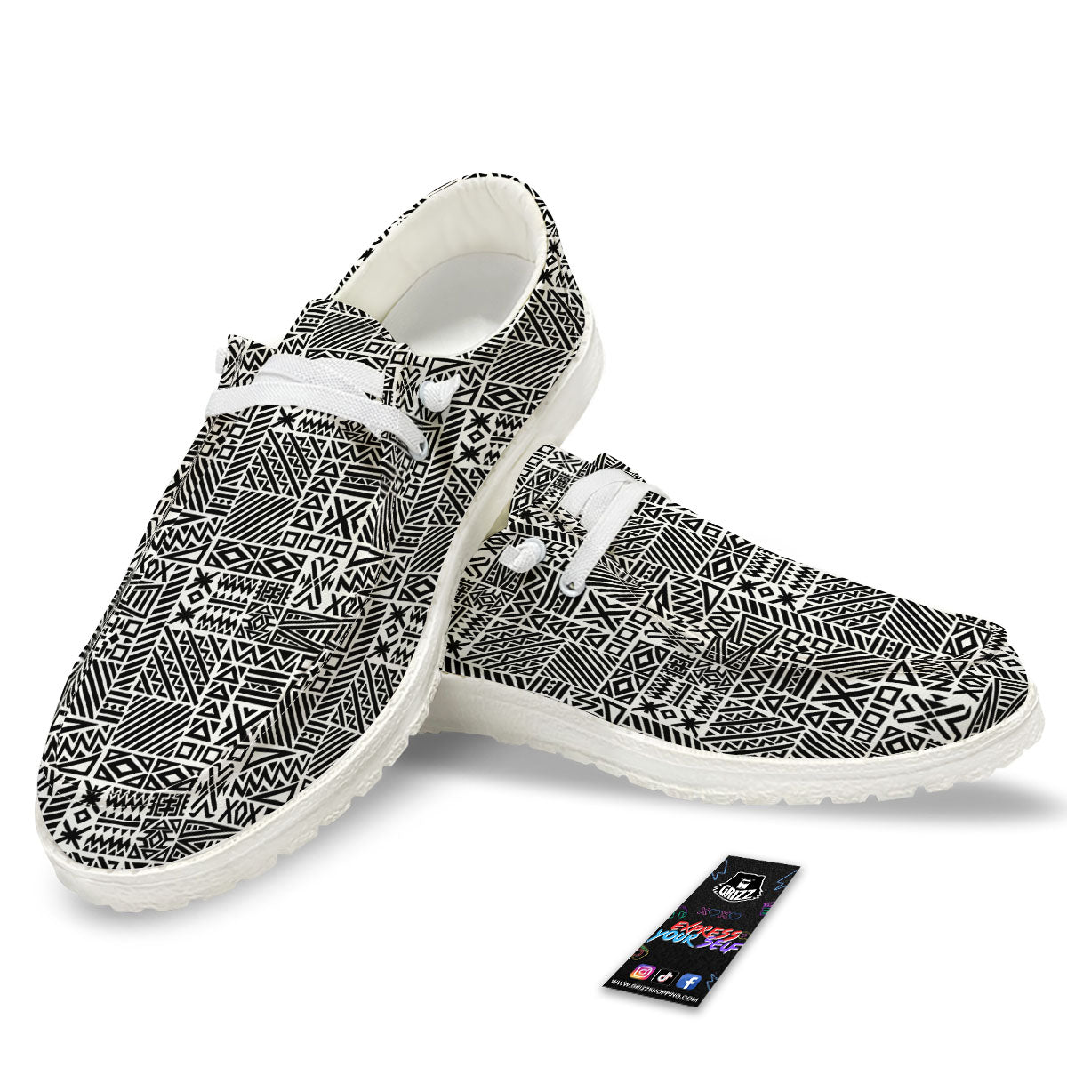 Aztec Geometric White And Black Print White Loafers-grizzshop