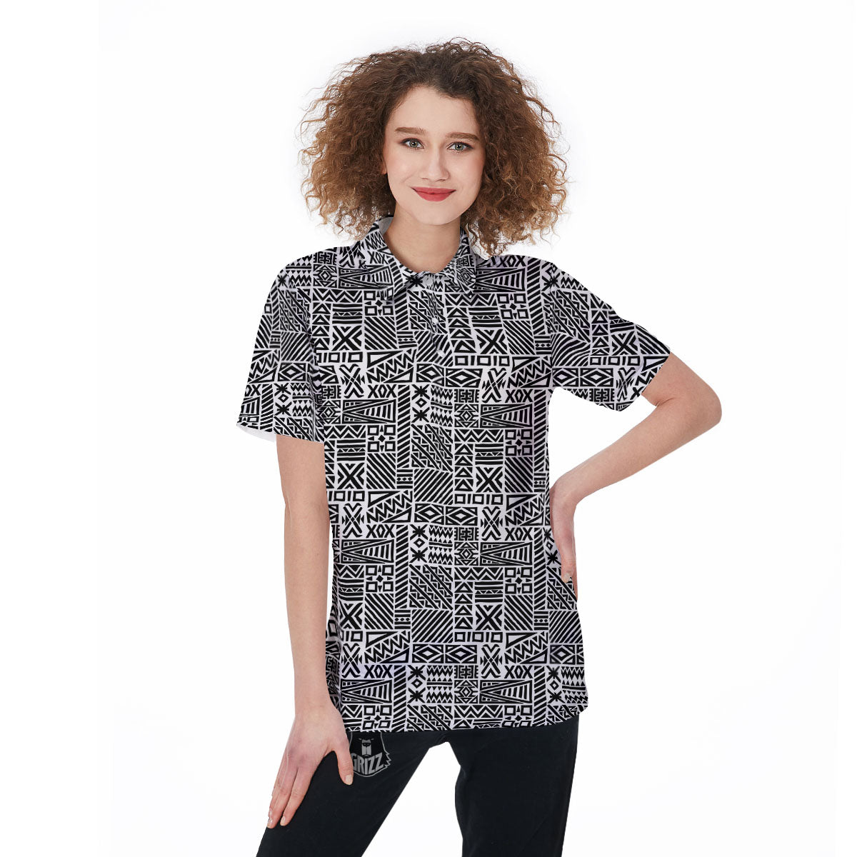 Aztec Geometric White And Black Print Women's Golf Shirts-grizzshop
