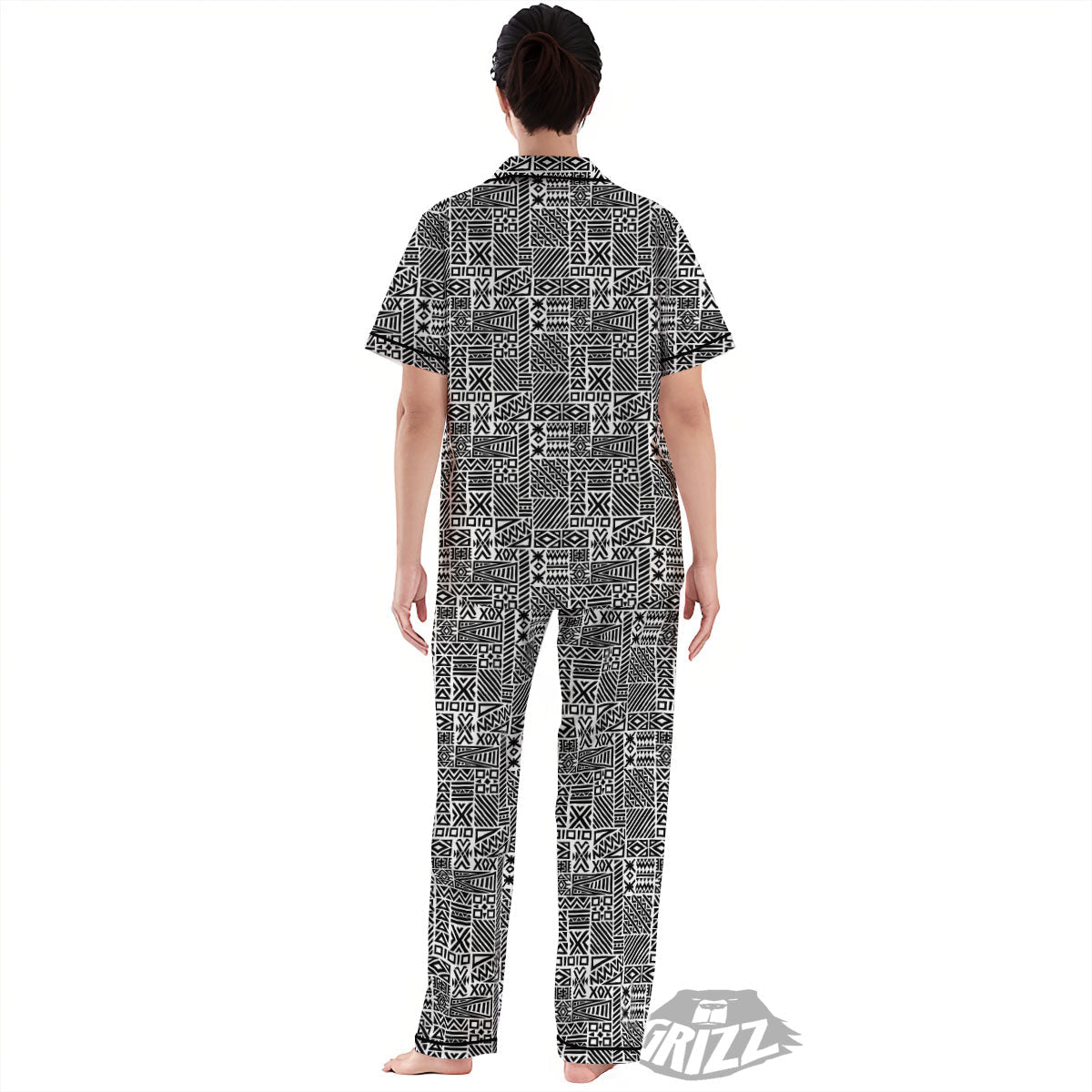 Aztec Geometric White And Black Print Women's Pajamas Set-grizzshop