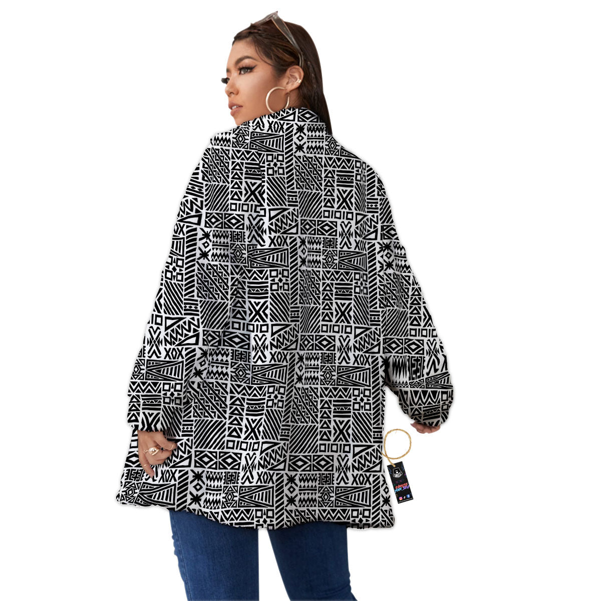 Aztec Geometric White And Black Print Women's Sherpa Jacket-grizzshop