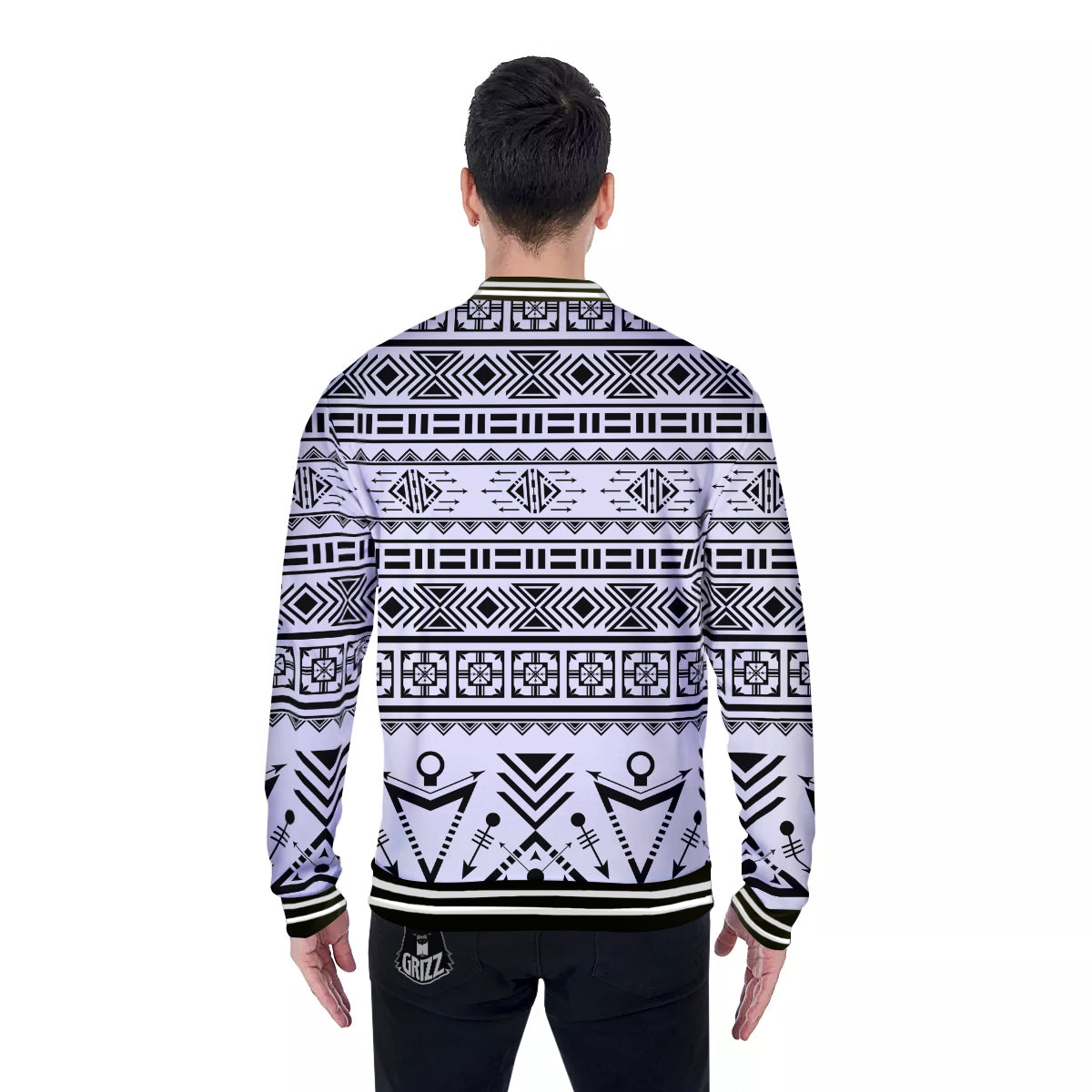 Aztec Grey And White Print Pattern Baseball Jacket-grizzshop