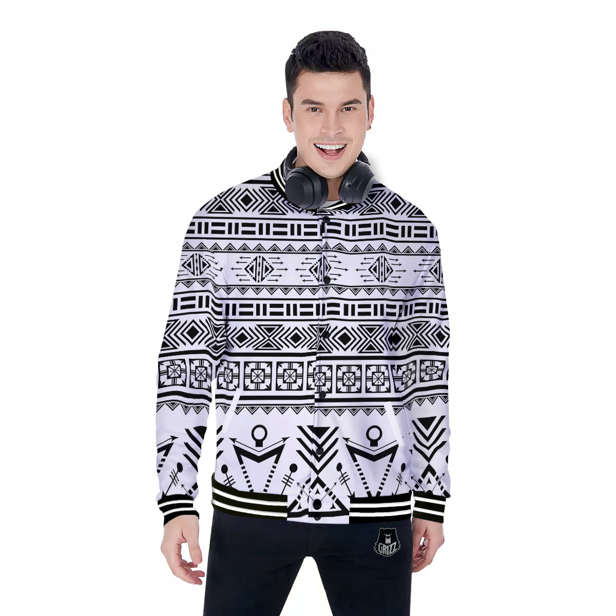 Aztec Grey And White Print Pattern Baseball Jacket-grizzshop