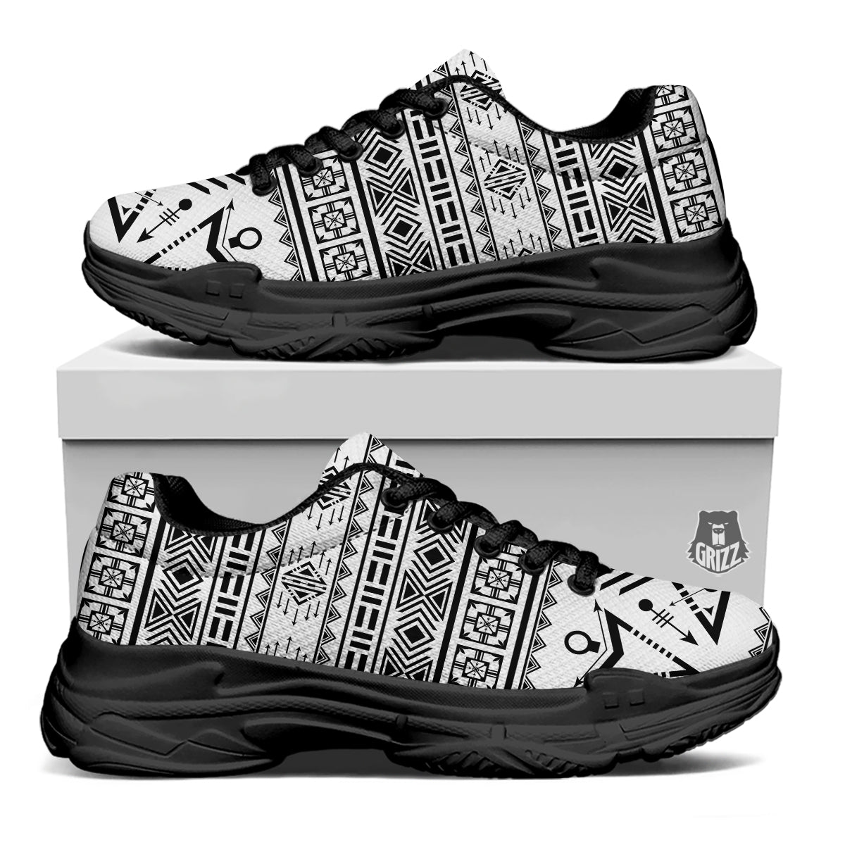Aztec Grey And White Print Pattern Black Chunky Shoes-grizzshop