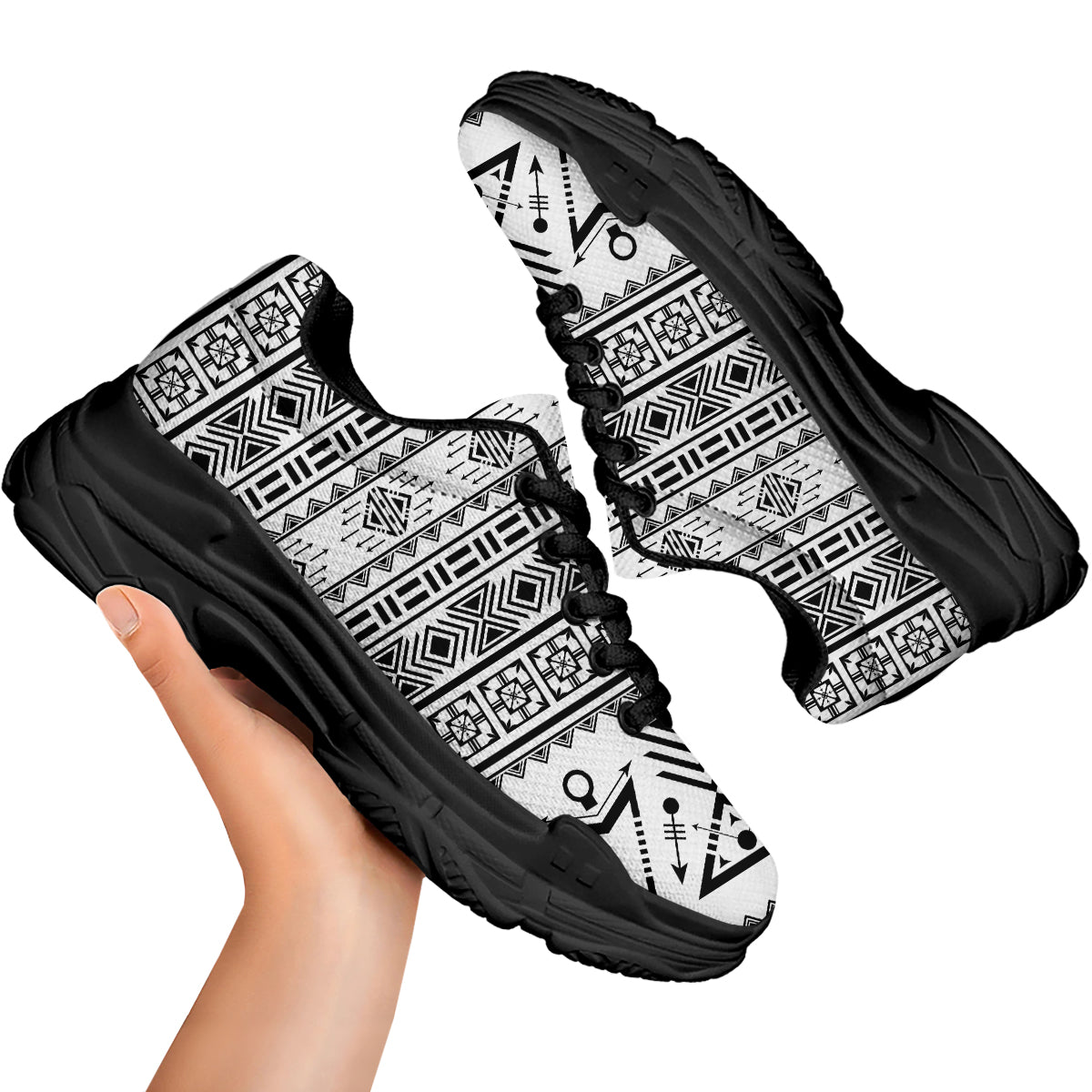Aztec Grey And White Print Pattern Black Chunky Shoes-grizzshop