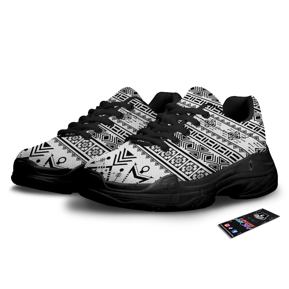 Aztec Grey And White Print Pattern Black Chunky Shoes-grizzshop