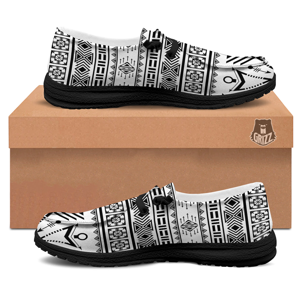 Aztec Grey And White Print Pattern Black Loafers-grizzshop