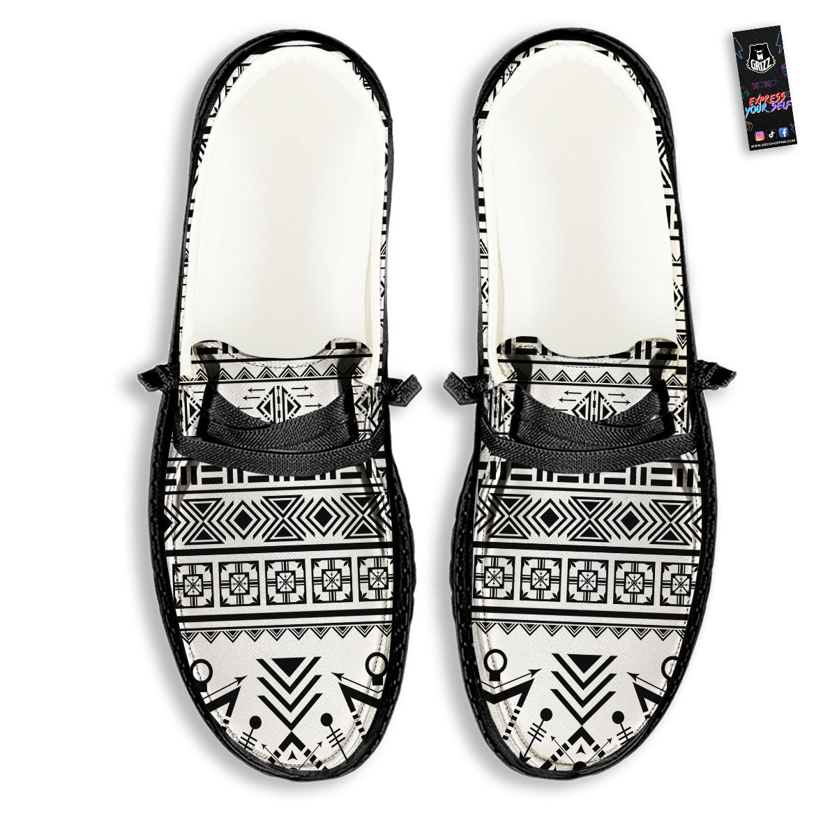 Aztec Grey And White Print Pattern Black Loafers-grizzshop