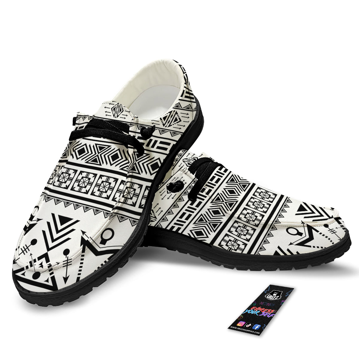 Aztec Grey And White Print Pattern Black Loafers-grizzshop