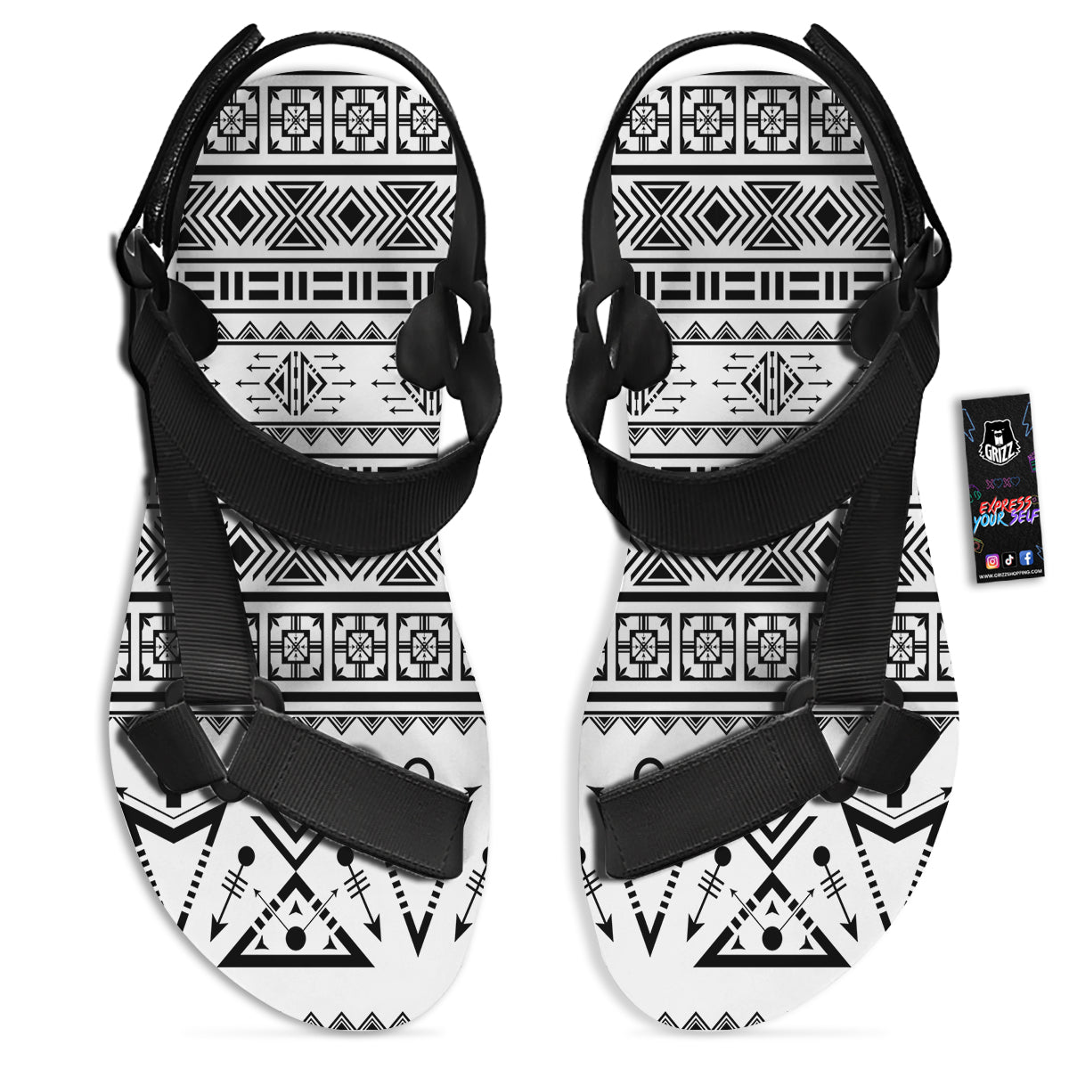 Aztec Grey And White Print Pattern Black Open Toe Sandals-grizzshop