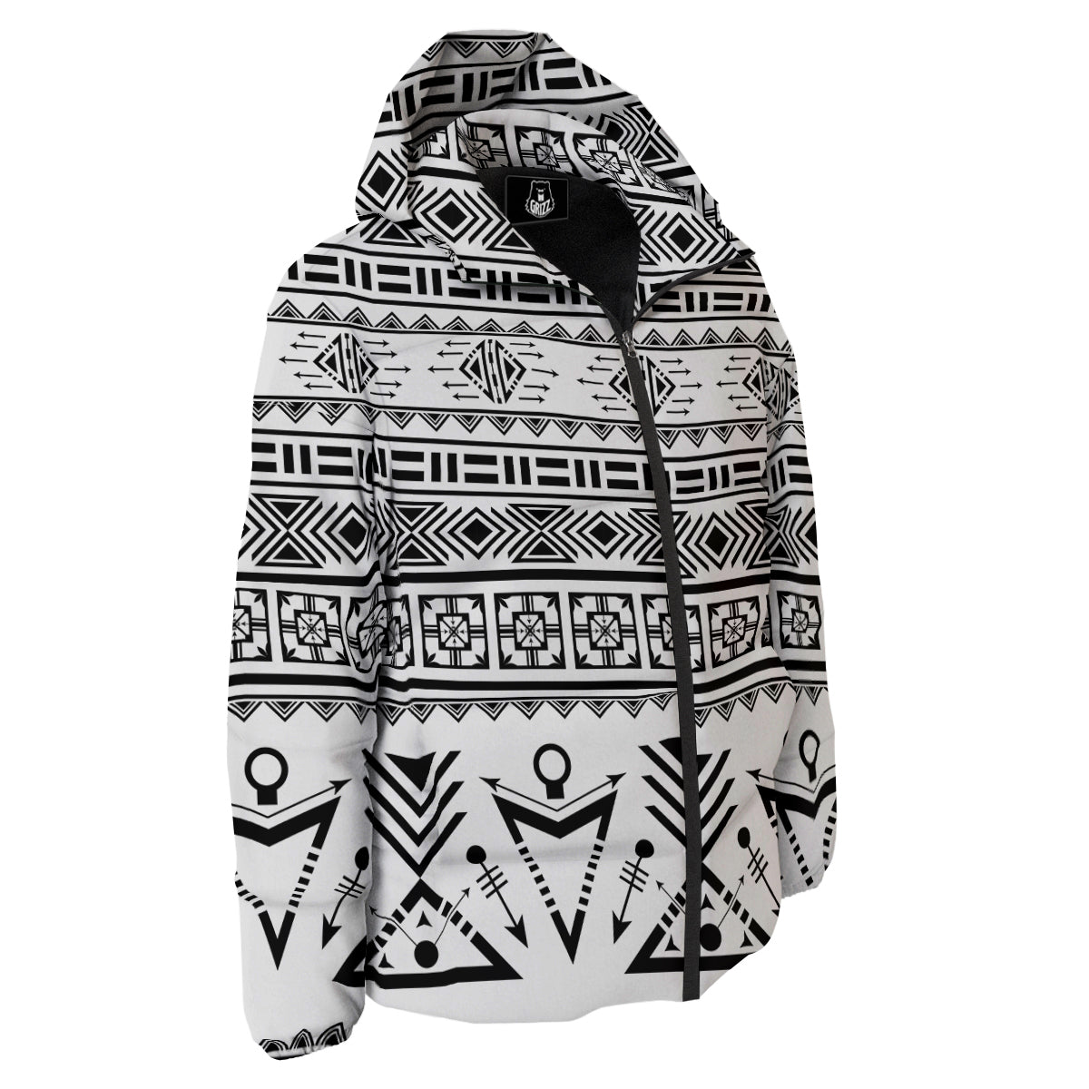Aztec Grey And White Print Pattern Down Jacket-grizzshop