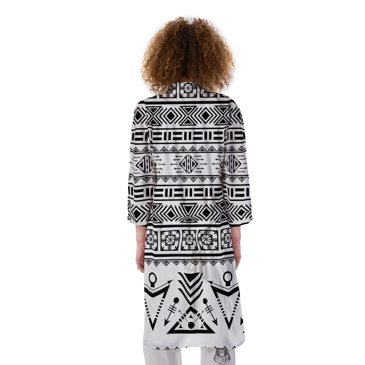 Aztec Grey And White Print Pattern Kimono-grizzshop