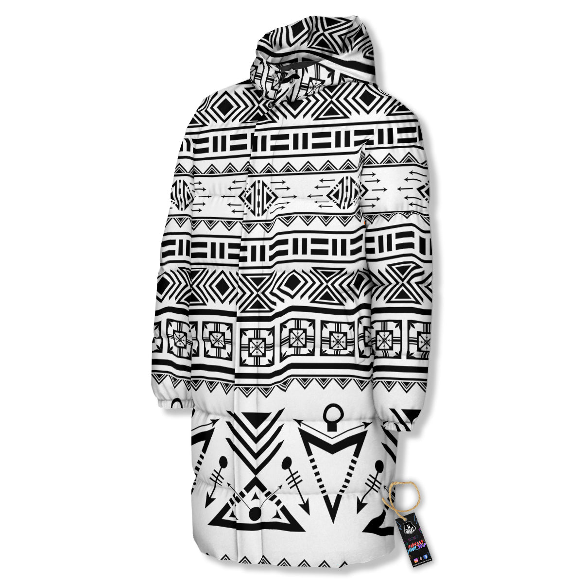 Aztec Grey And White Print Pattern Long Down Jacket-grizzshop