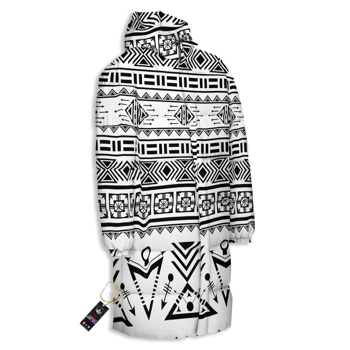 Aztec Grey And White Print Pattern Long Down Jacket-grizzshop