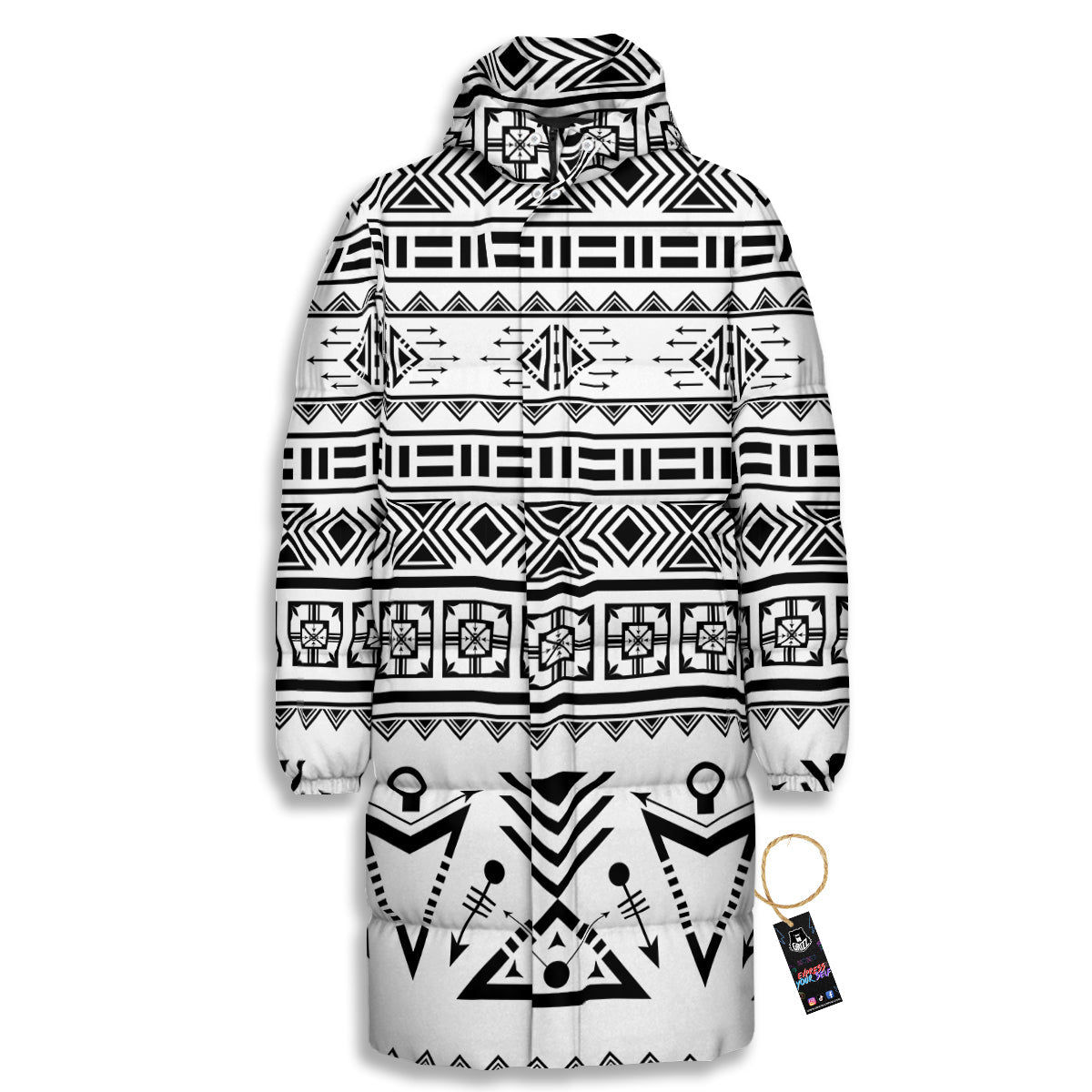 Aztec Grey And White Print Pattern Long Down Jacket-grizzshop