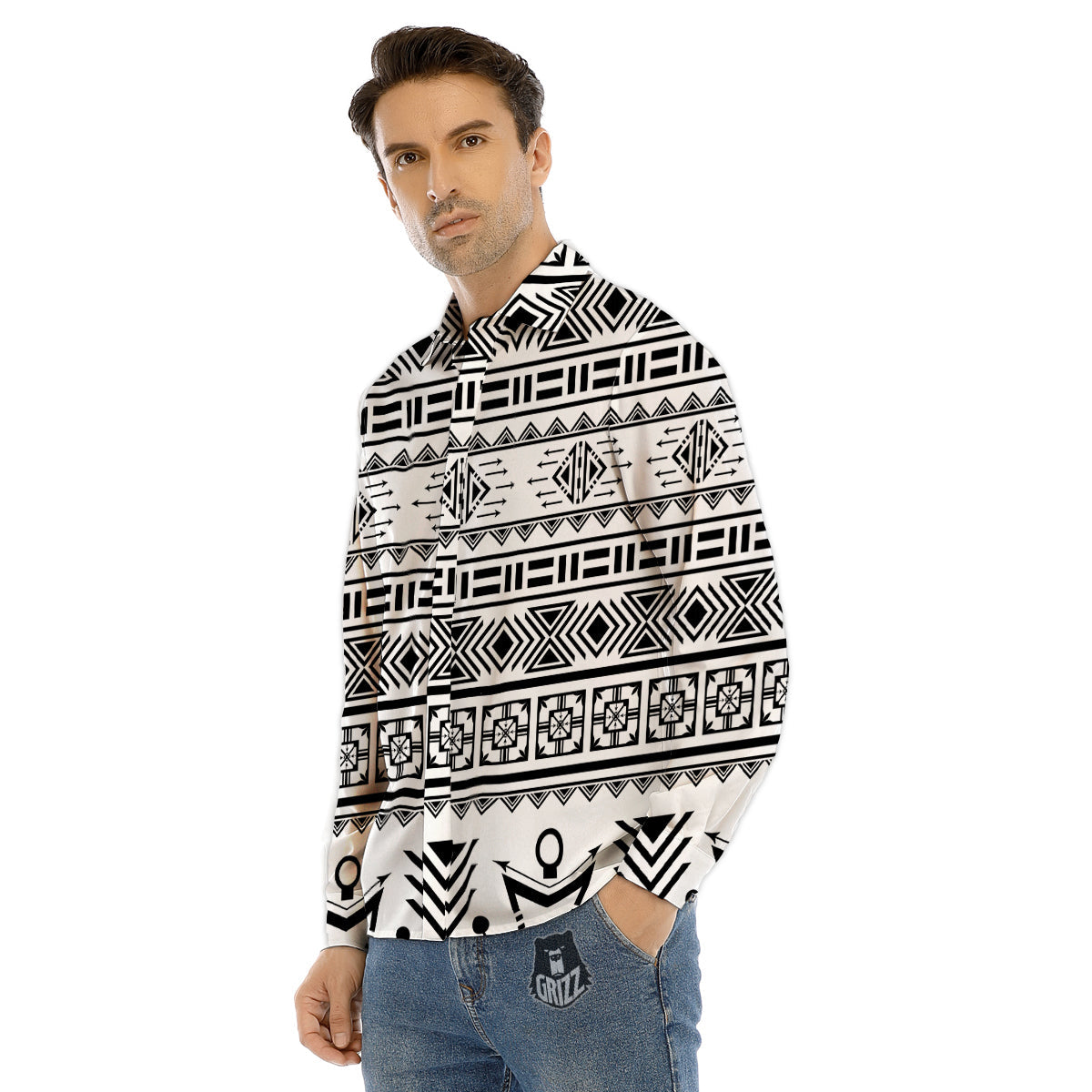 Aztec Grey And White Print Pattern Men's Dress Shirts-grizzshop