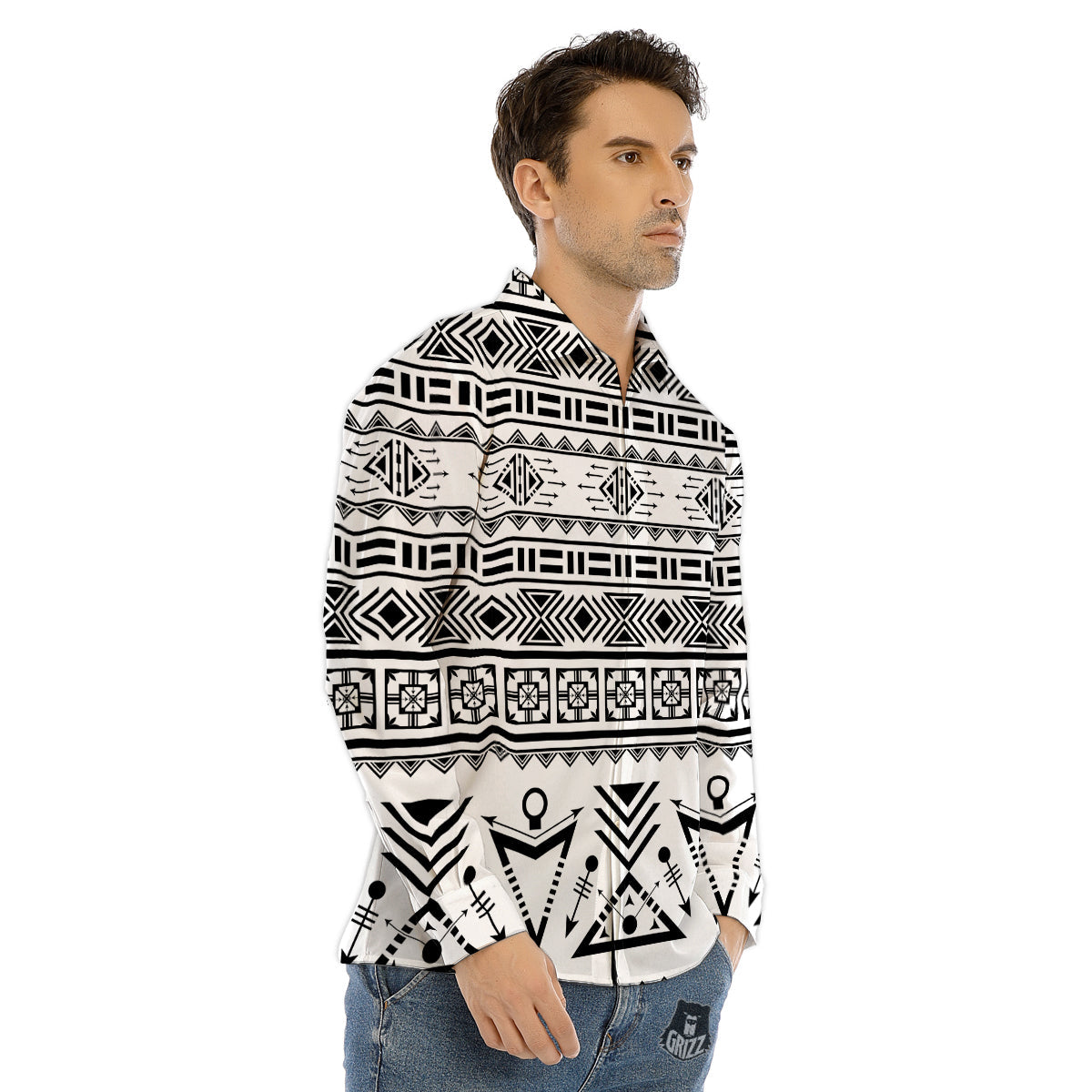 Aztec Grey And White Print Pattern Men's Dress Shirts-grizzshop