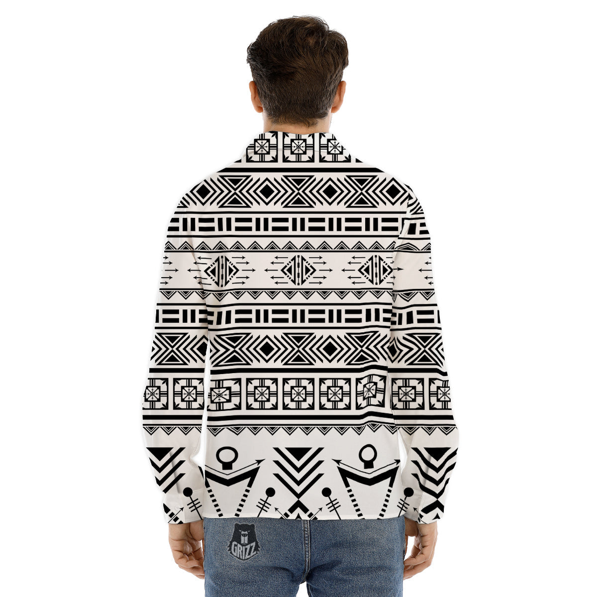 Aztec Grey And White Print Pattern Men's Dress Shirts-grizzshop
