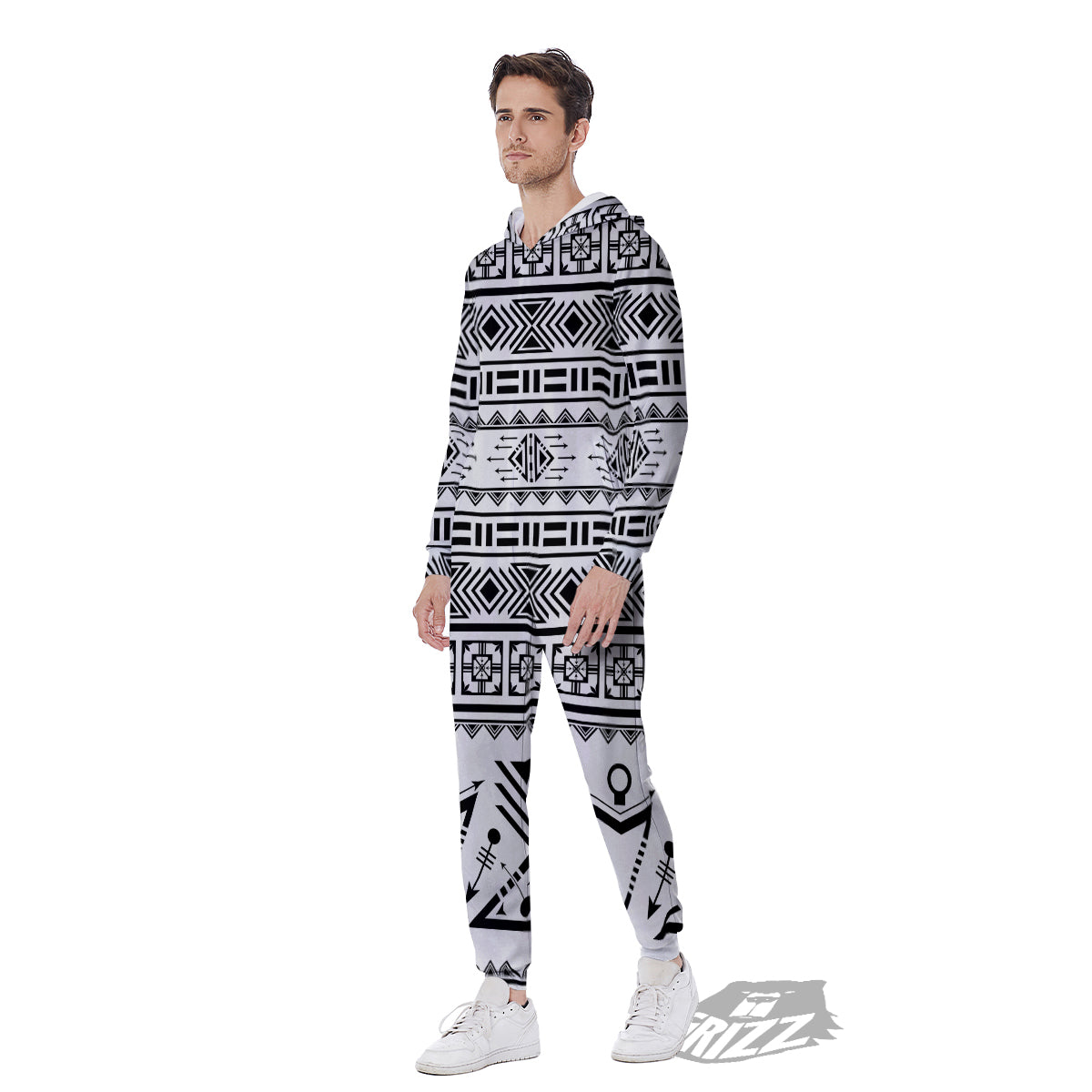 Aztec Grey And White Print Pattern Men's Jumpsuit-grizzshop