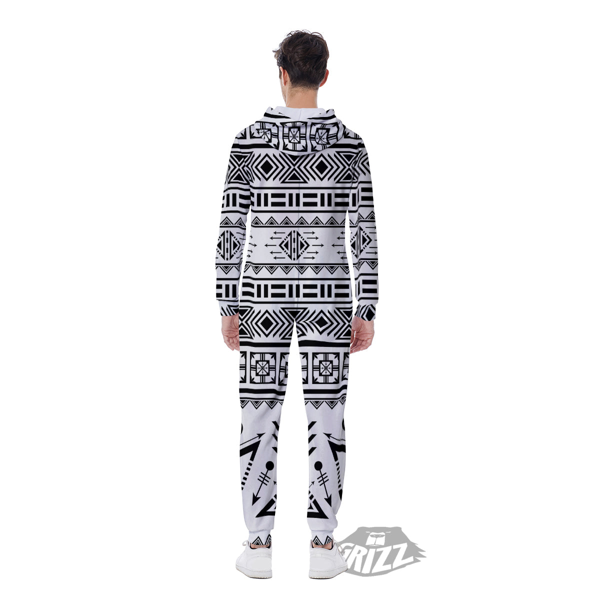 Aztec Grey And White Print Pattern Men's Jumpsuit-grizzshop