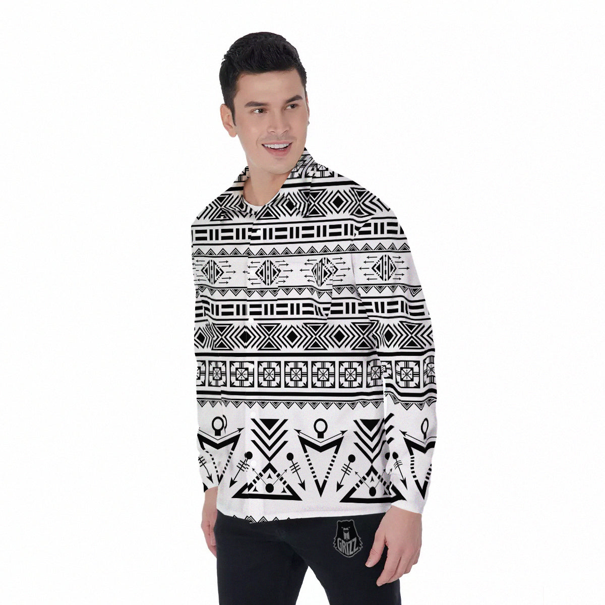Aztec Grey And White Print Pattern Men's Long Sleeve Shirts-grizzshop
