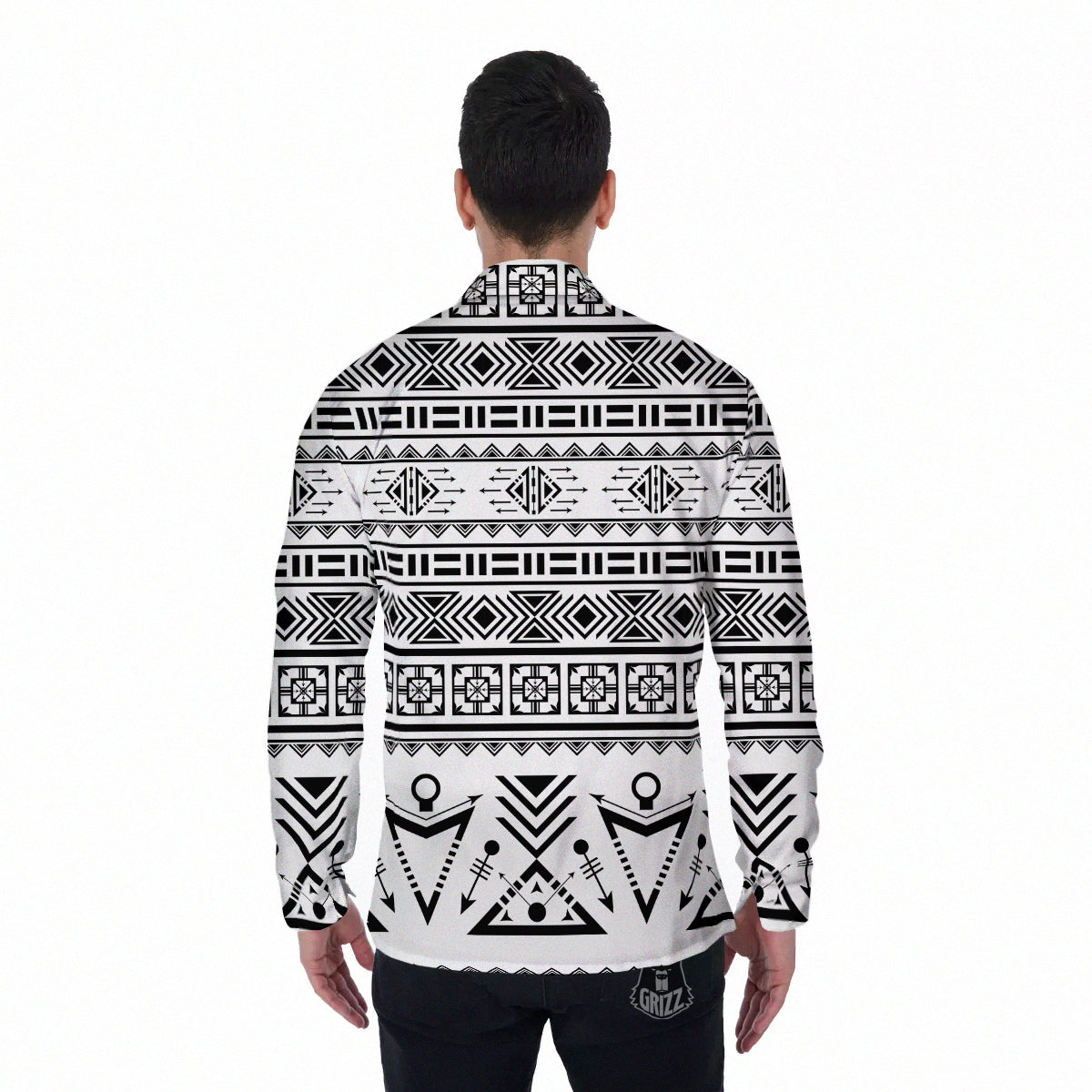 Aztec Grey And White Print Pattern Men's Long Sleeve Shirts-grizzshop