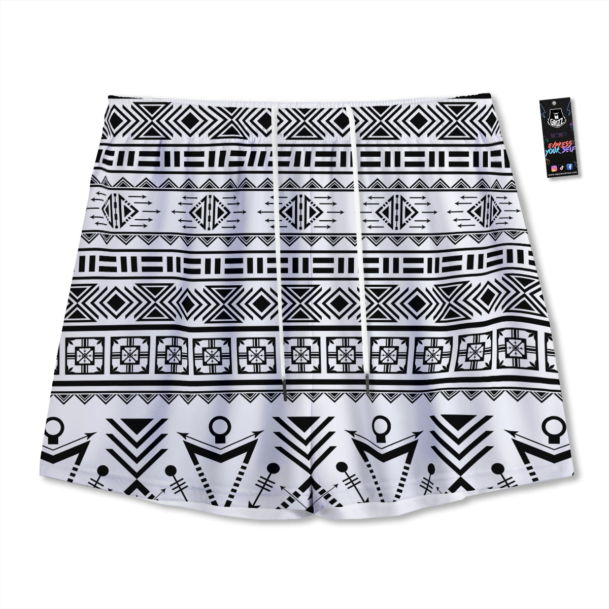 Aztec Grey And White Print Pattern Mesh Shorts