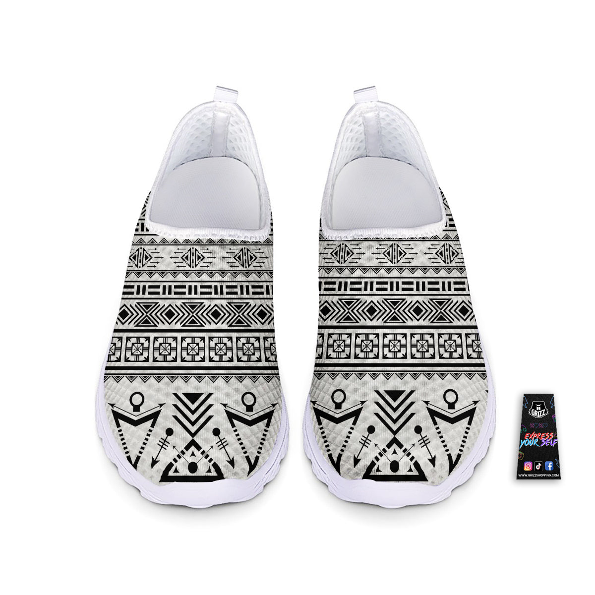 Aztec Grey And White Print Pattern Nurse Shoes-grizzshop
