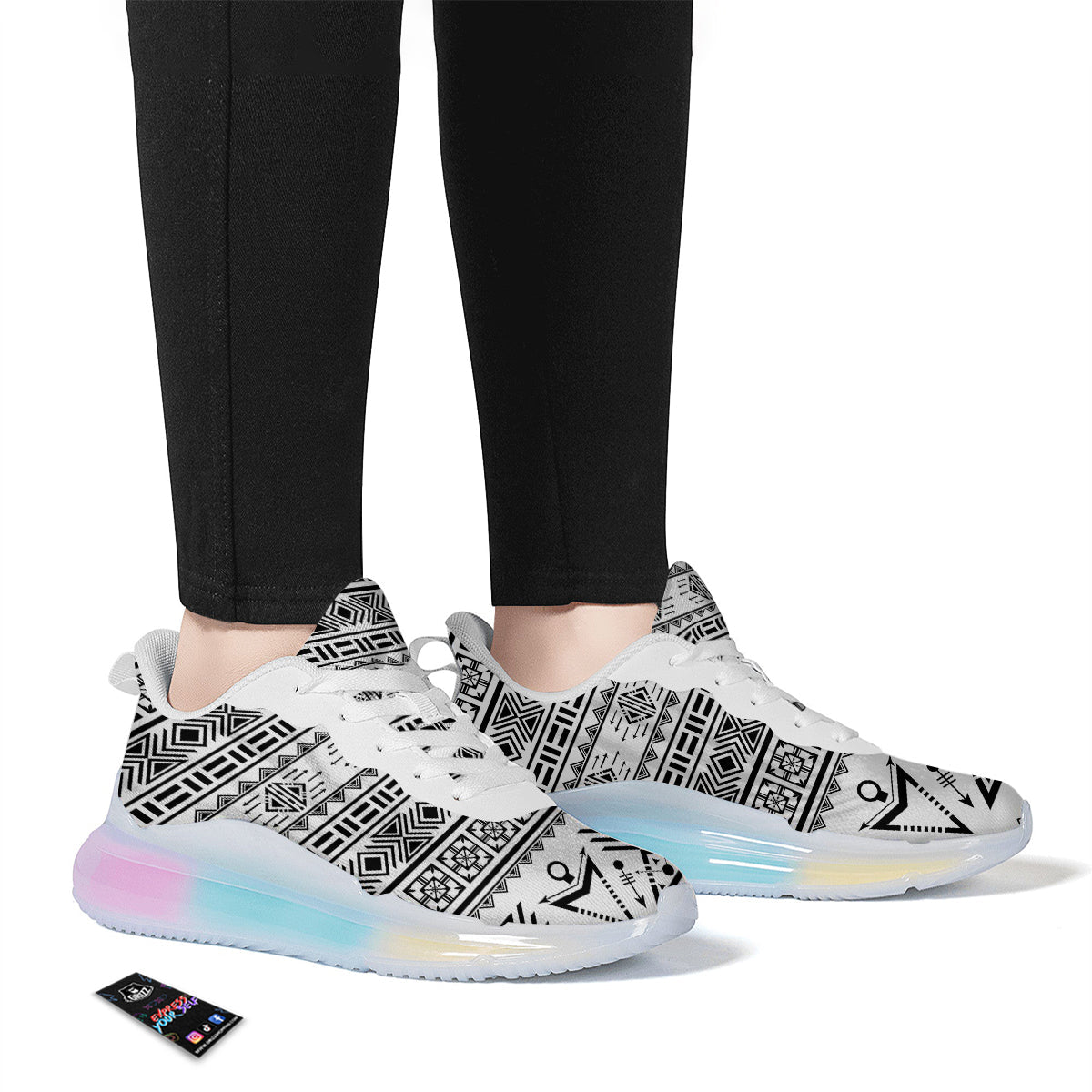 Aztec Grey And White Print Pattern Running Sneakers-grizzshop