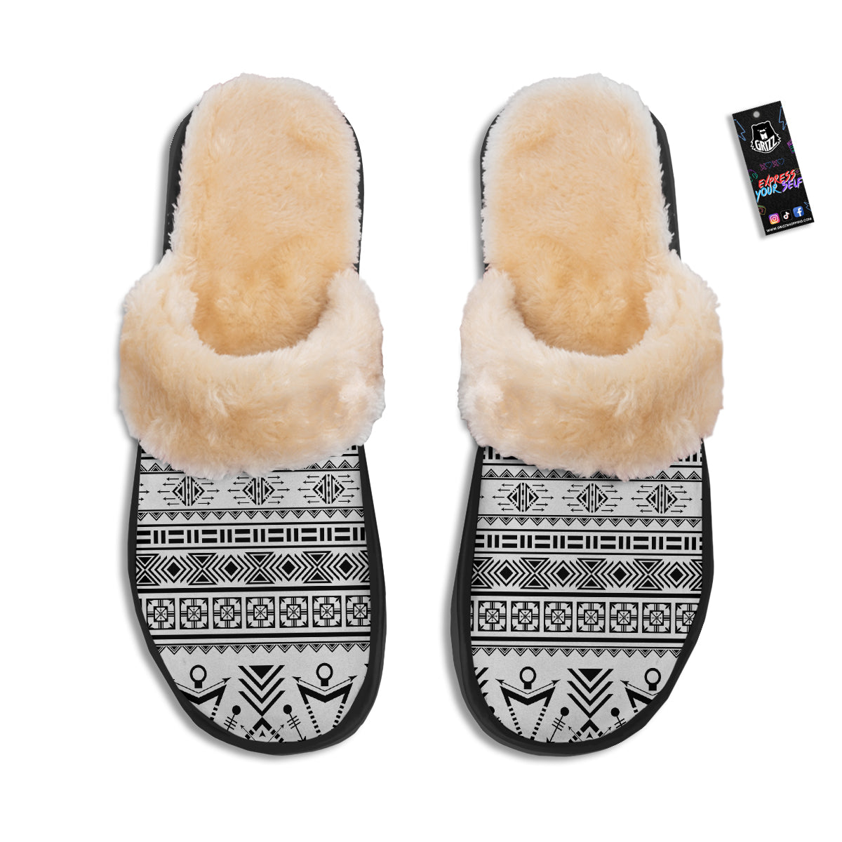 Aztec Grey And White Print Pattern Slippers-grizzshop