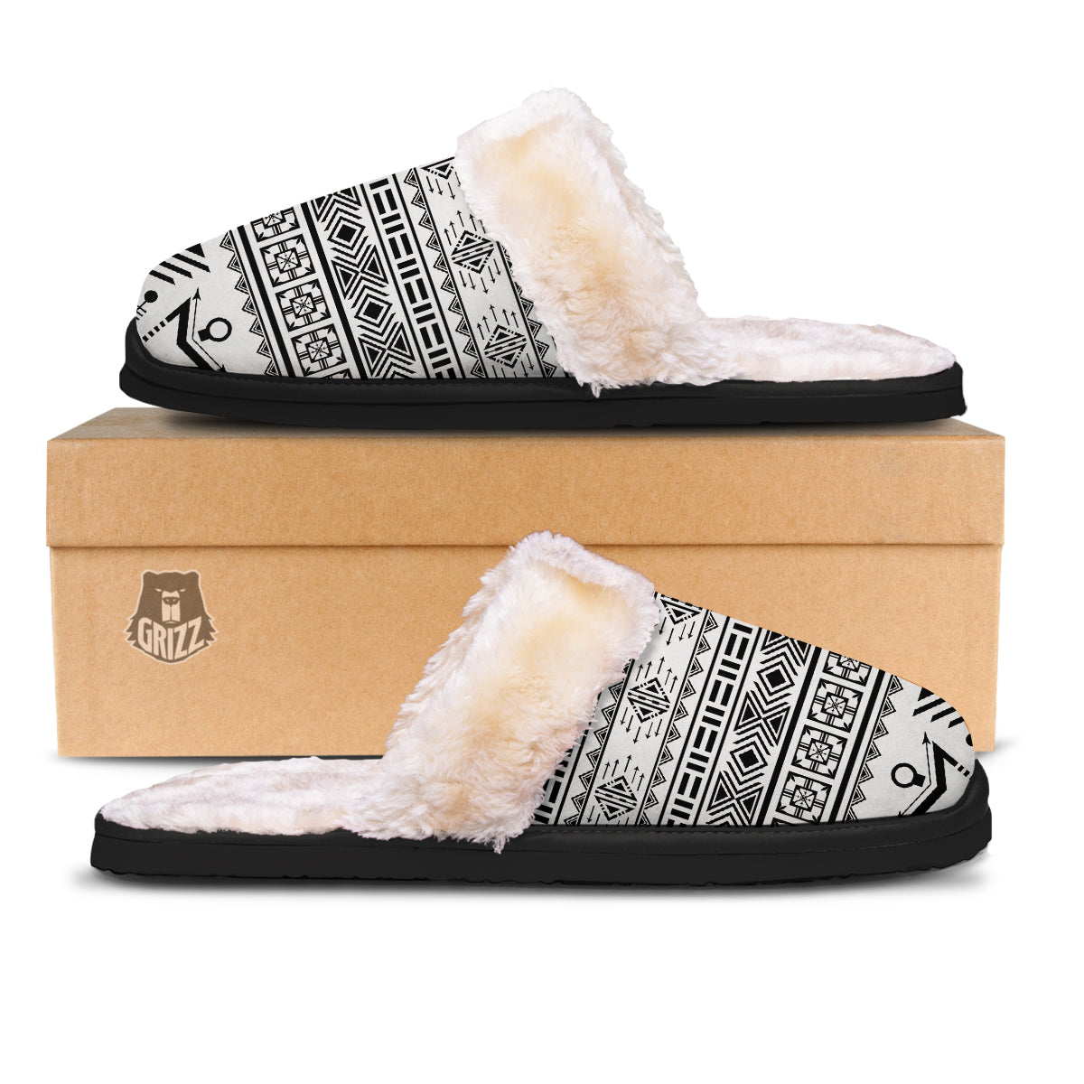 Aztec Grey And White Print Pattern Slippers-grizzshop