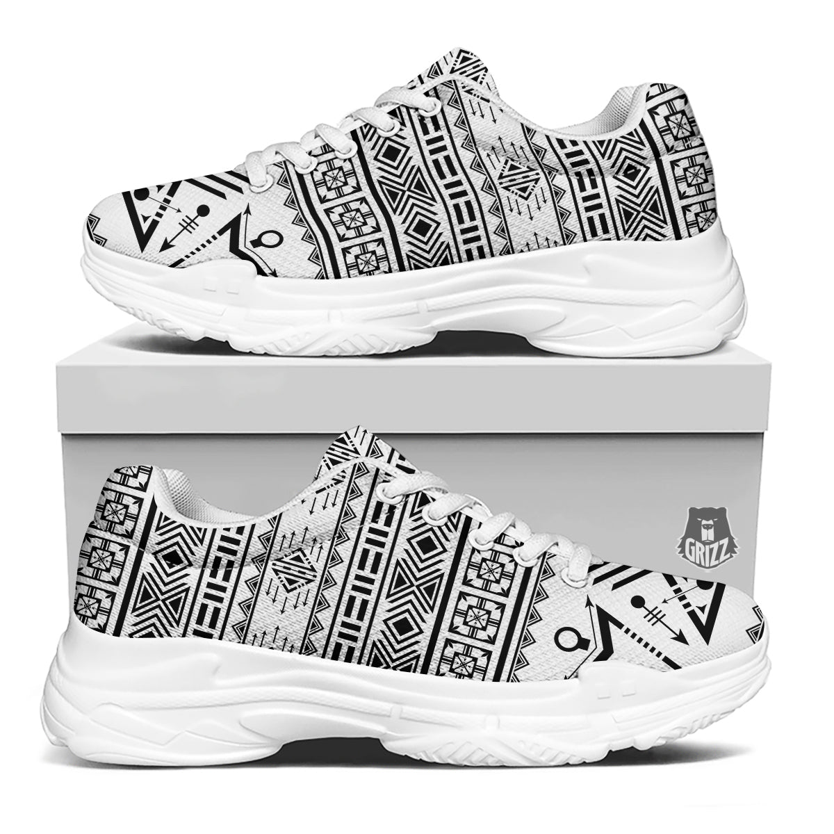 Aztec Grey And White Print Pattern White Chunky Shoes-grizzshop